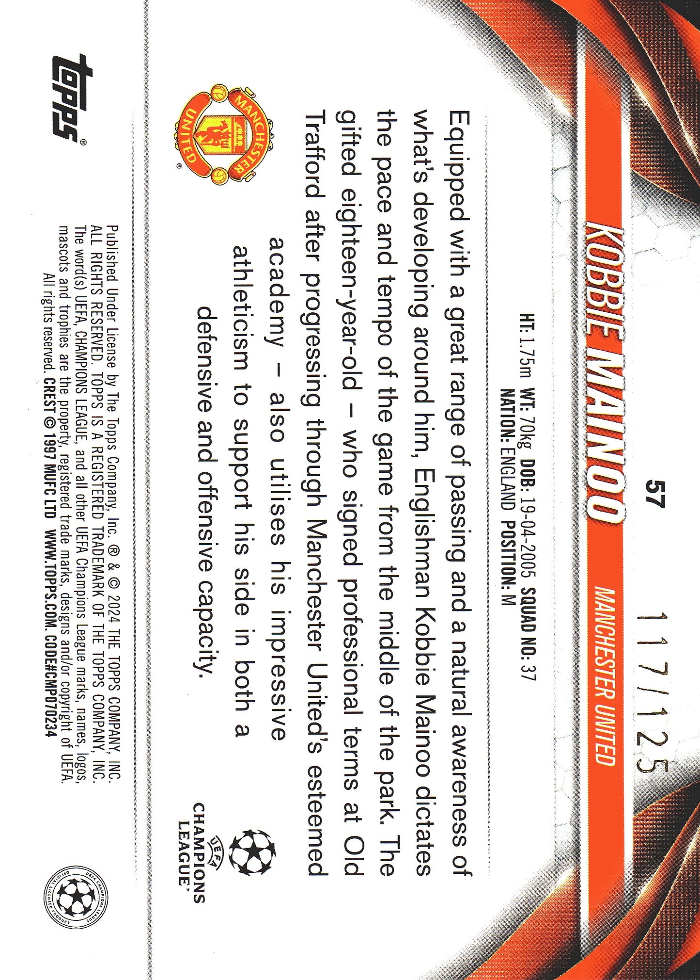 2023 Topps UCC Kobie Mainoo Future Stars Blue Inferno Foil /125 #57 Manchester United