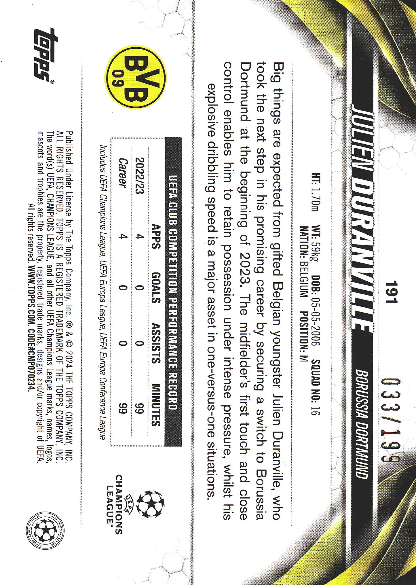 2023 Topps UCC Julien Duranville RC Neon Green Foil /199 #191 BVB Dortmund