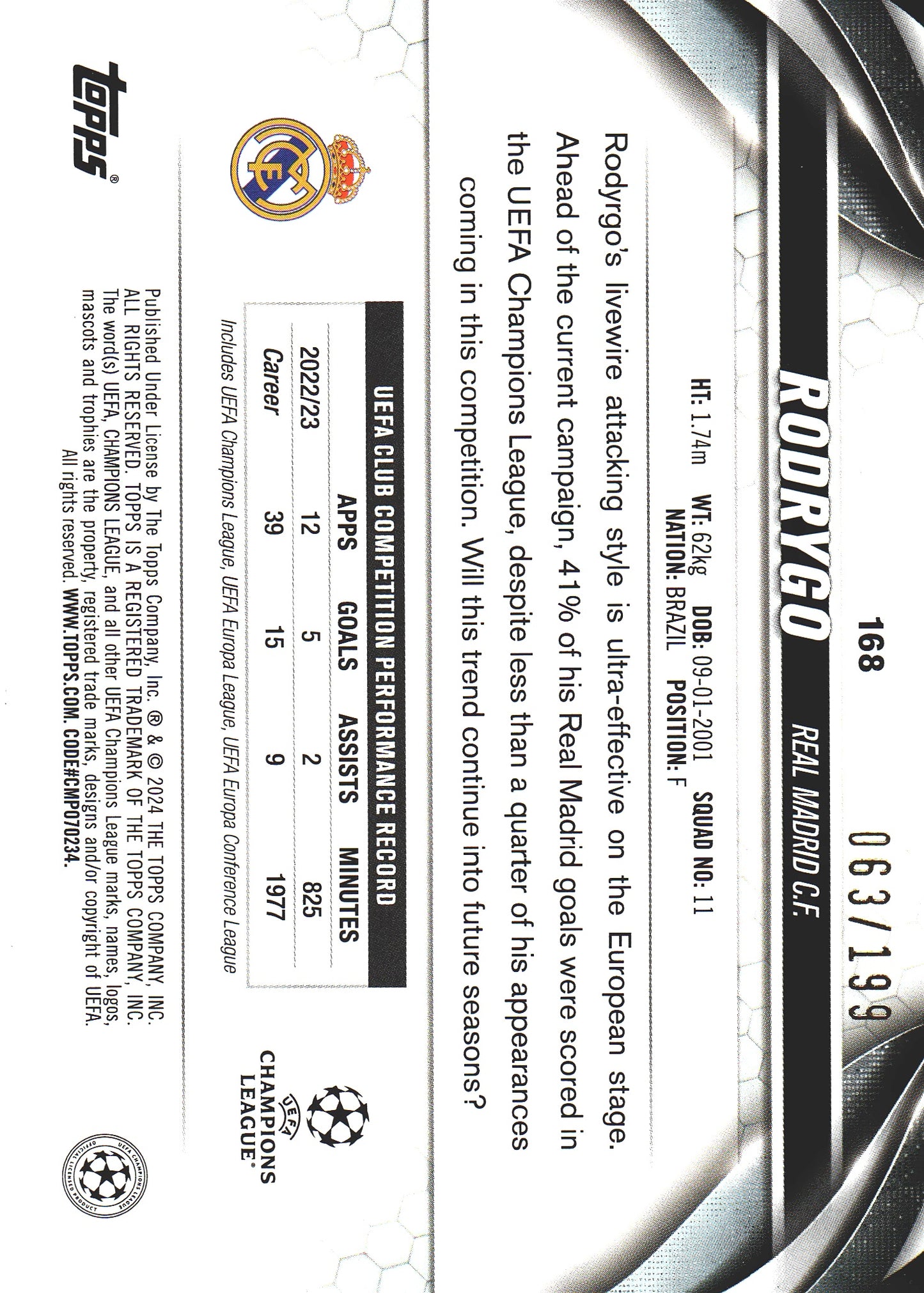 2023 Topps UCC Rodrygo Neon Green Foil /199 #168 Real Madrid
