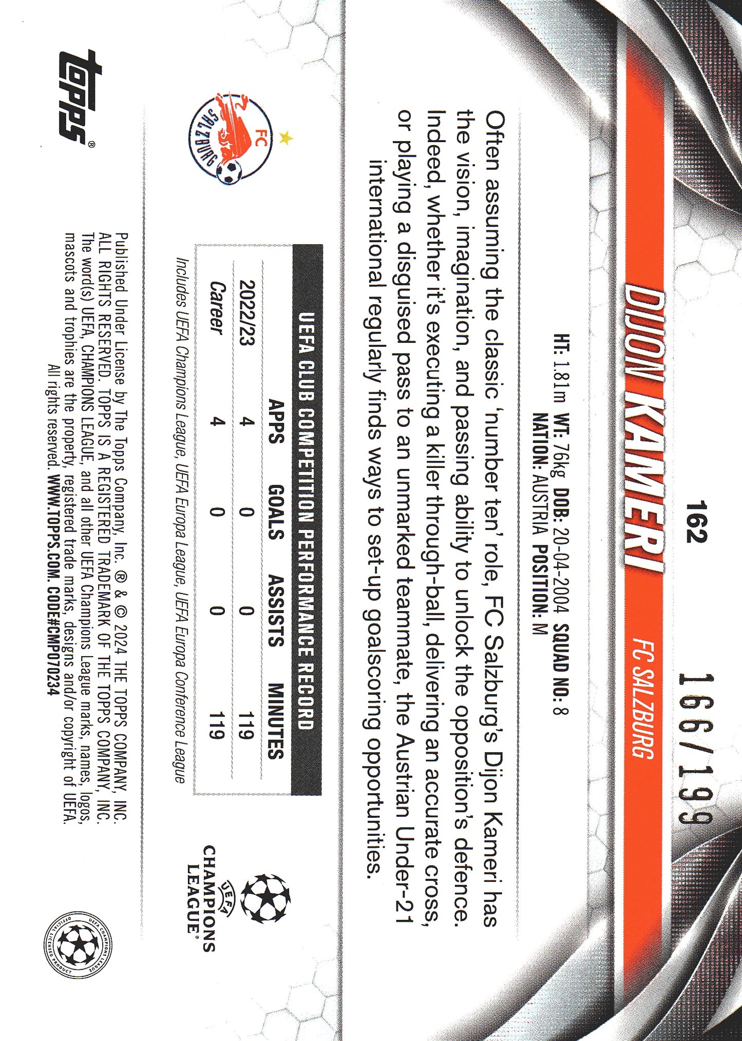 2023 Topps UCC Dijon Kameri Future Stars Neon Green Foil /199 #162 FC Salzburg