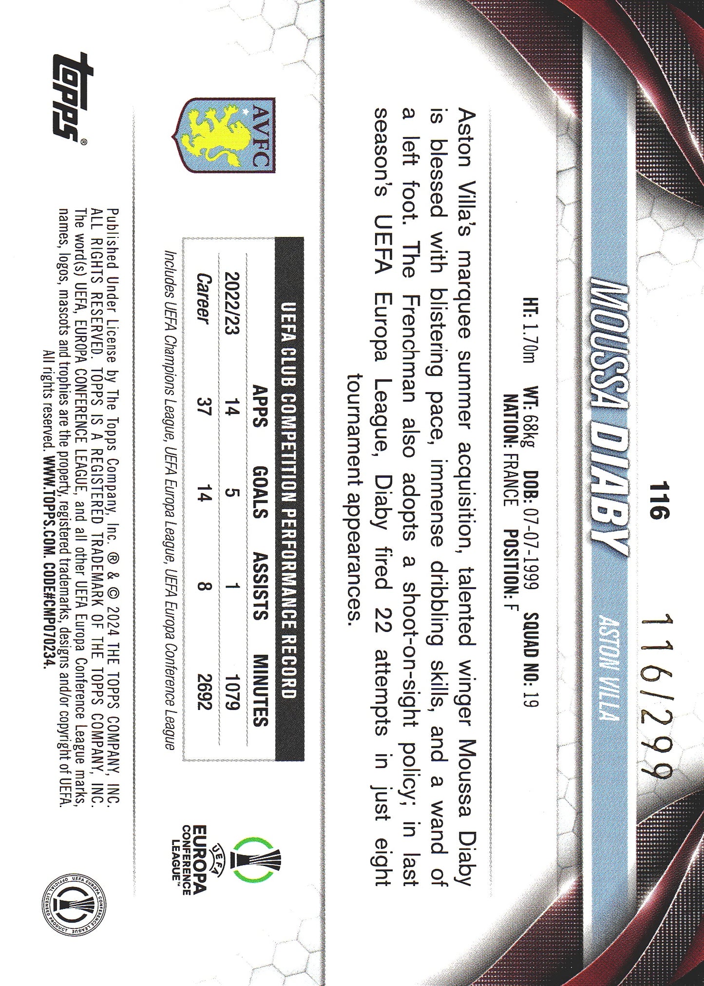 2023 Topps UCC Moussa Diaby Purple Foil /299 #116 Aston Villa