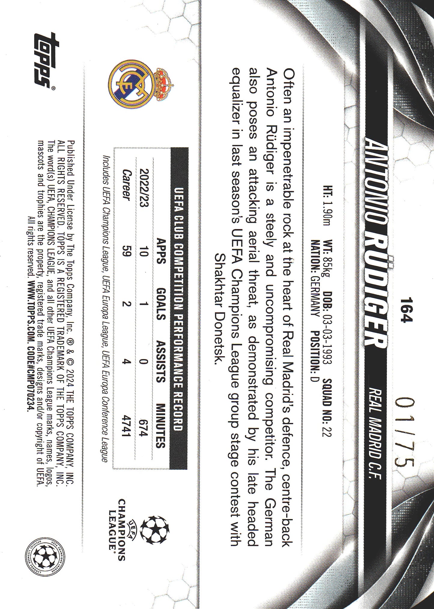 2023 Topps UCC Antonio Rudiger Icy Blue Foil /75 #164 Real Madrid