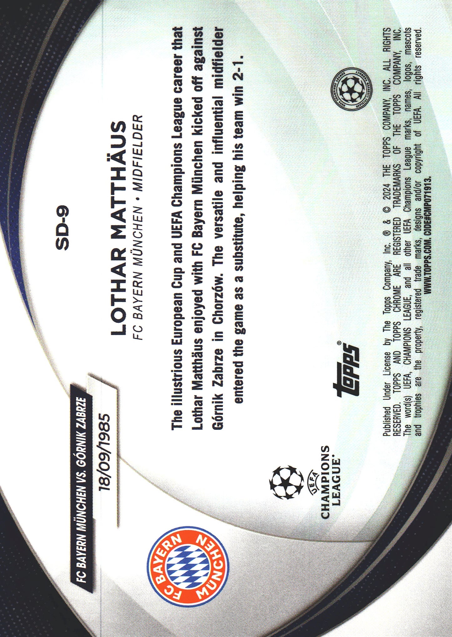 2023 Topps Chrome UCC Lothar Matthaus Starball Debut #SD-9 FC Bayern Munchen