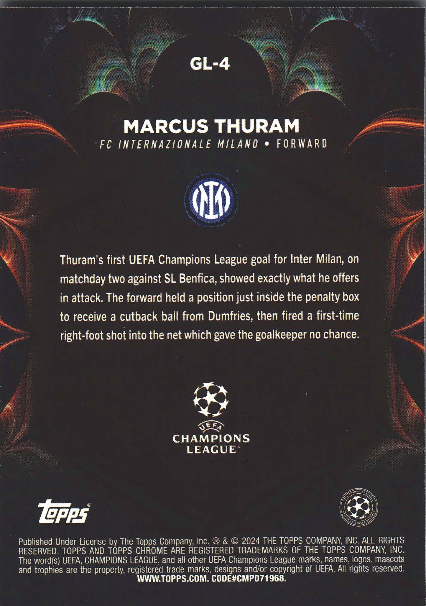 2023 Topps Chrome UCC Marcus Thuram Golazo #1GL-4 Inter Milan