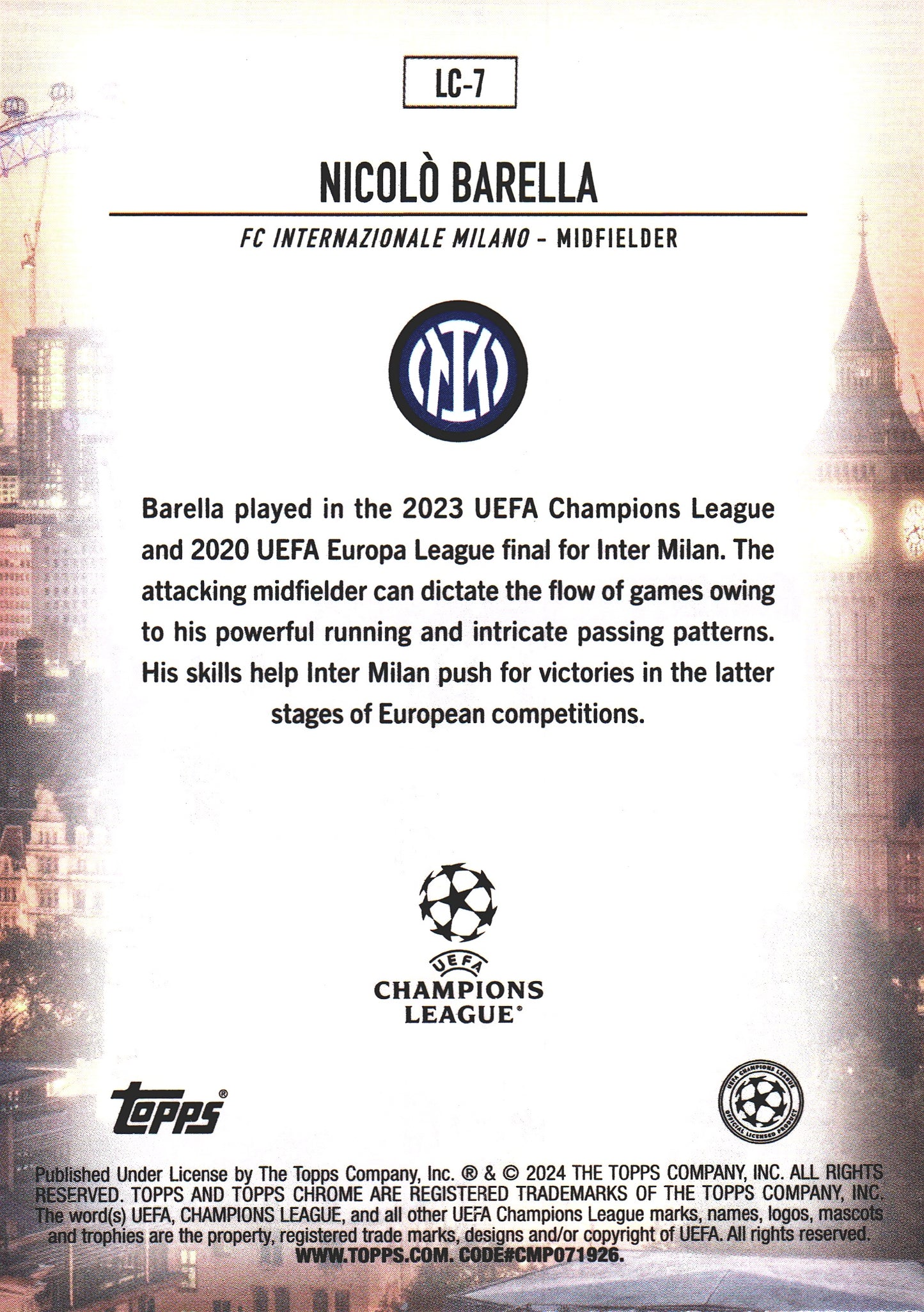 2023 Topps Chrome UCC Nicolo Barella London Calling #LC-7 Inter Milan