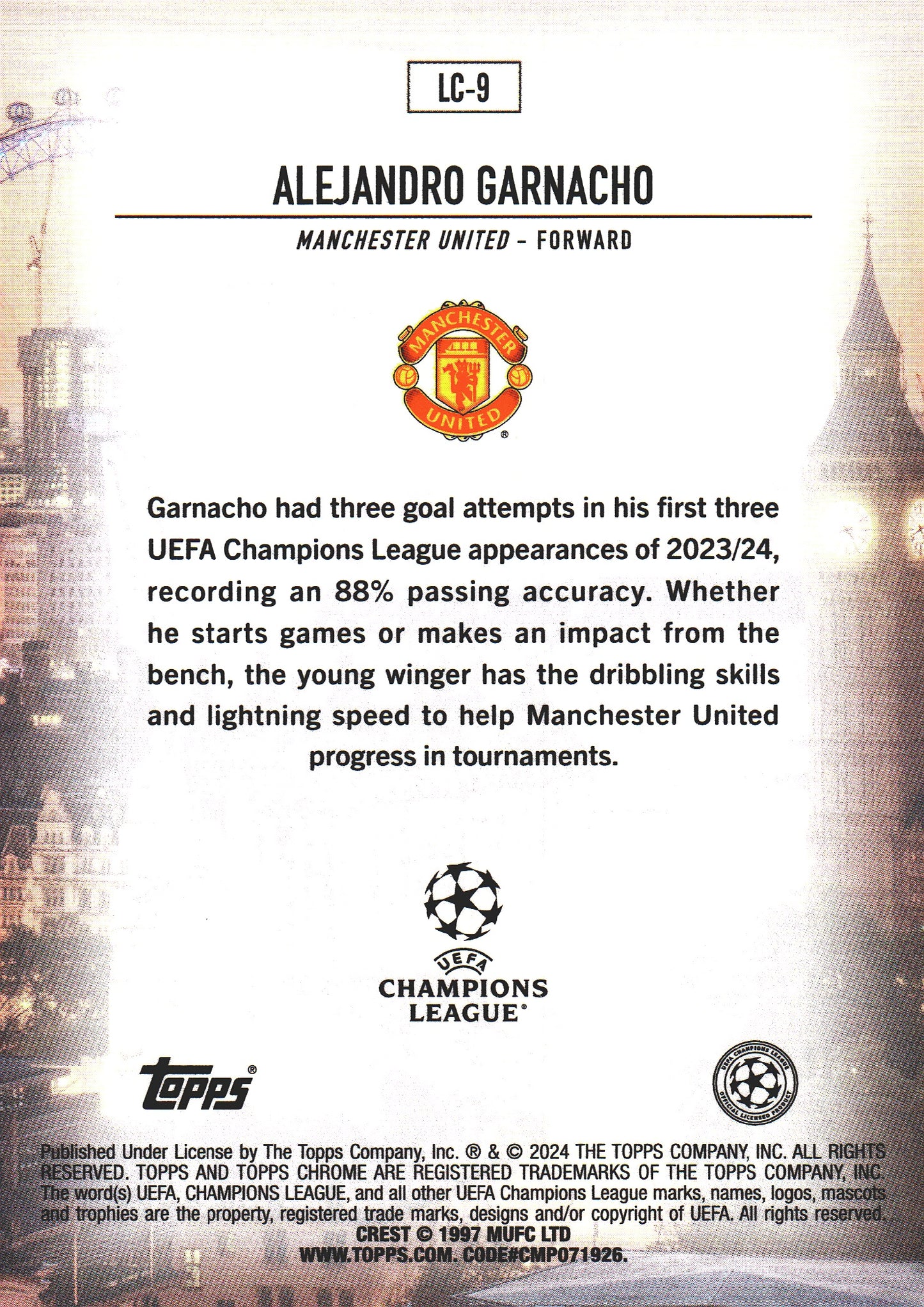 2023 Topps Chrome UCC Alejandro Garnacho London Calling #LC-9 Manchester United