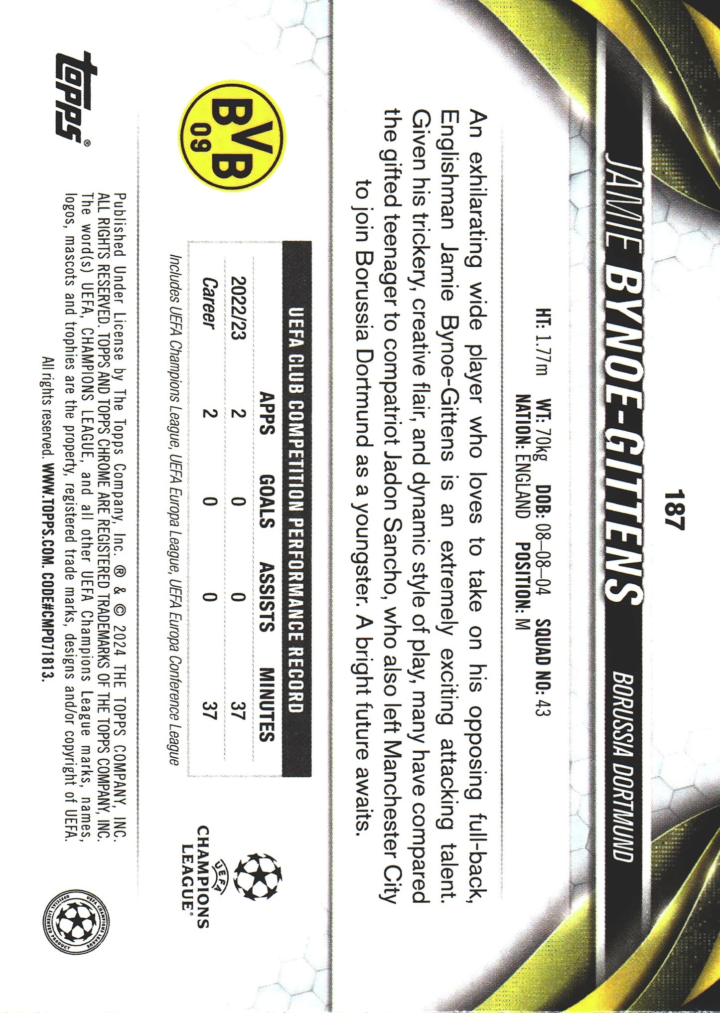 2023 Topps Chrome UCC Jamie Bynoe-Gittens Future Stars Violet Speckle Refractor /299 #187 BVB Dortmund
