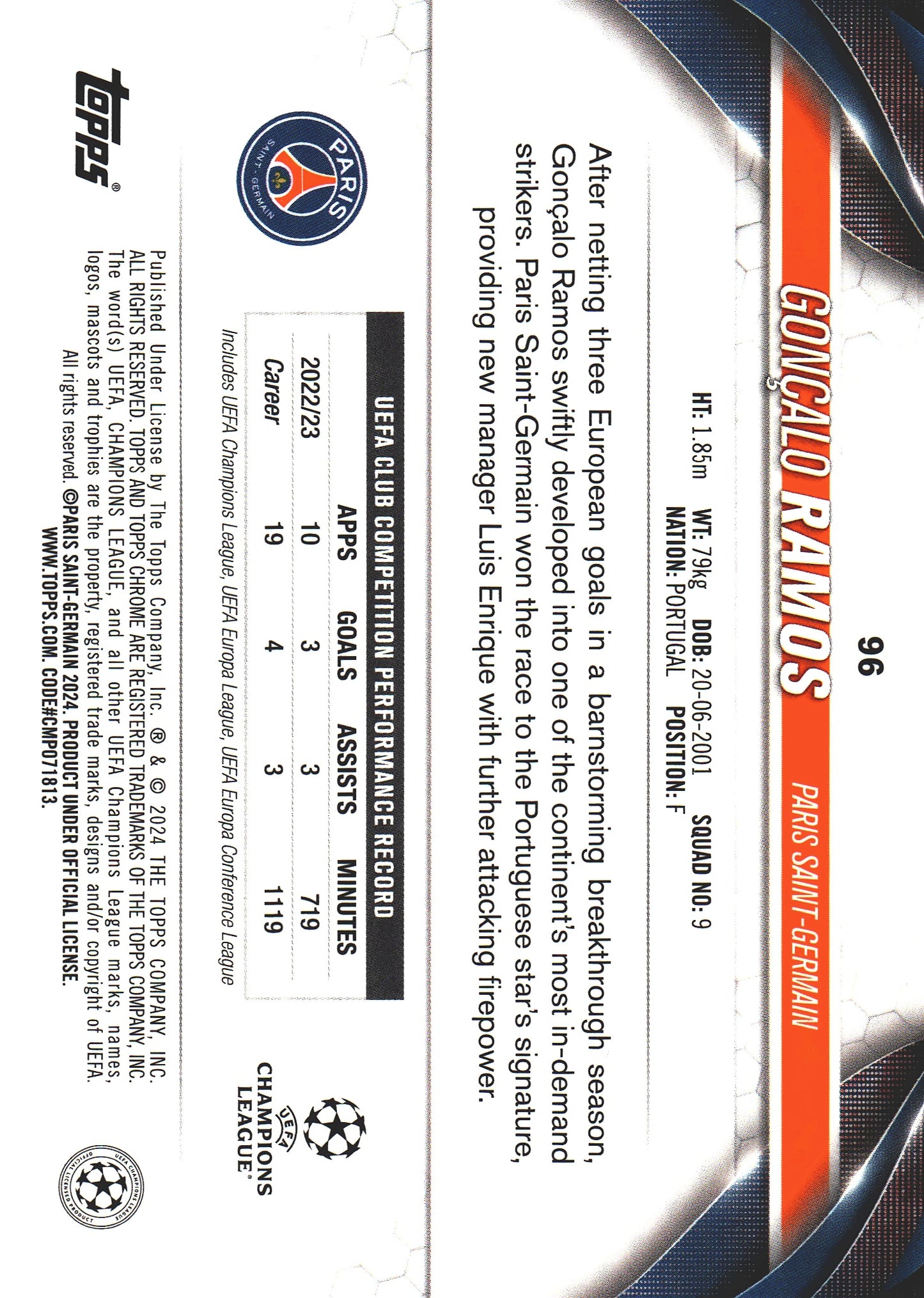 2023 Topps Chrome UCC Goncalo Ramos Violet Speckle Refractor /299 #96 PSG