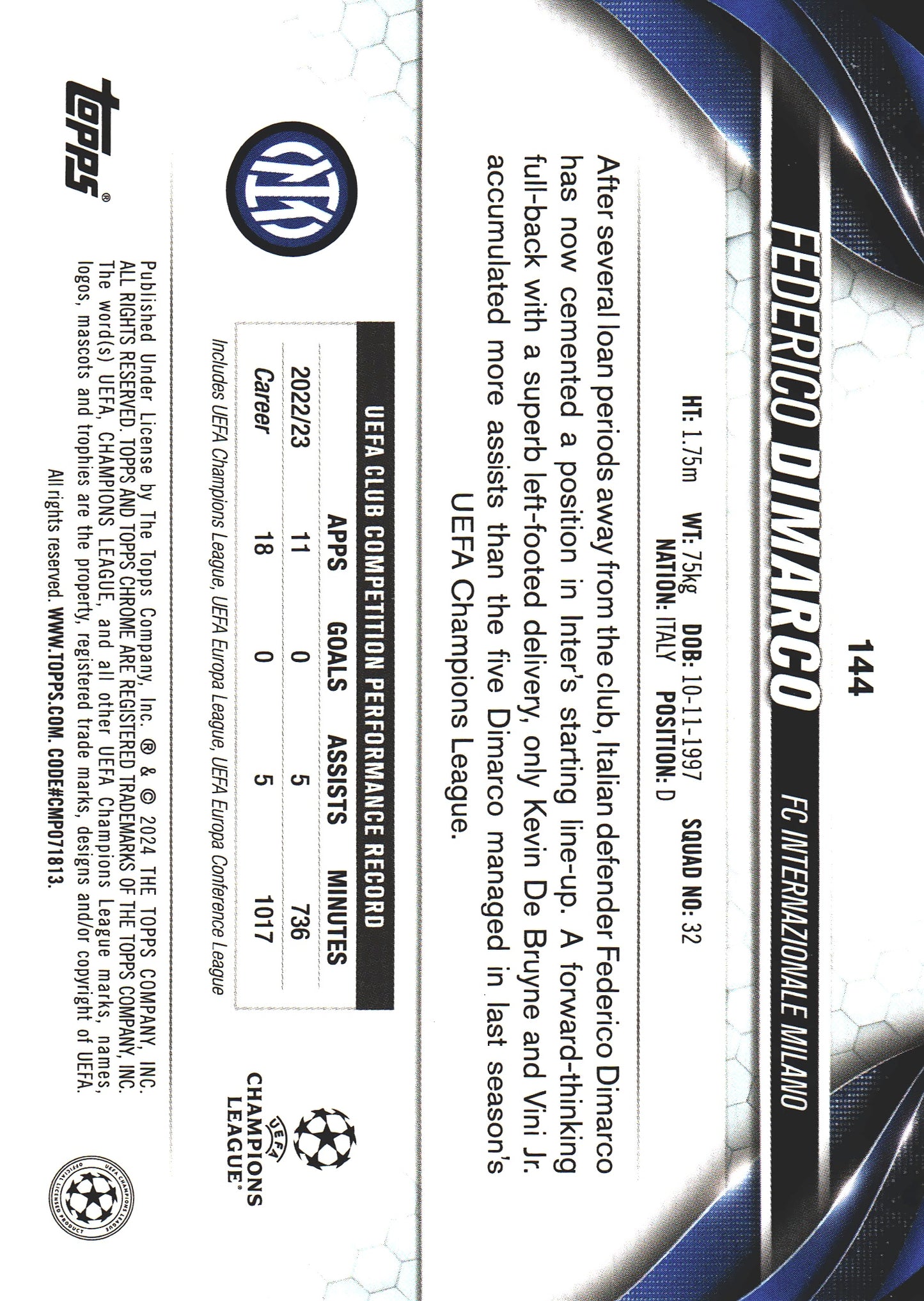 2023 Topps Chrome UCC Federico Dimarco Night Vision Ray Wave Refractor /225 #144 Inter Milan