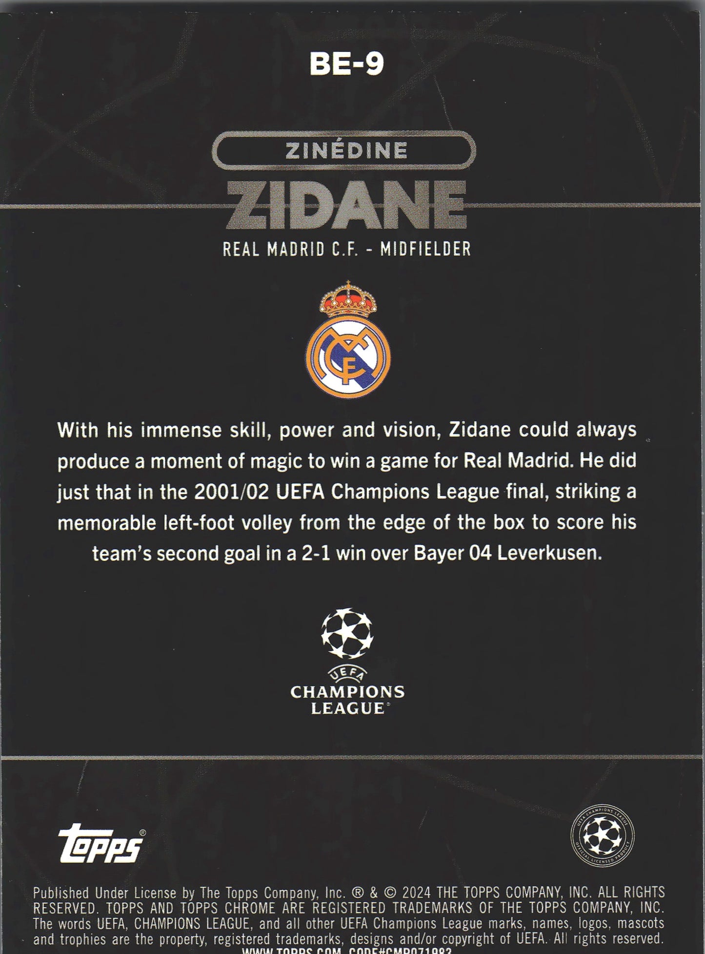 2023 Topps Chrome UCC Zinedine Zidane Shadow Etch Case Hit #BE-9 Real Madrid