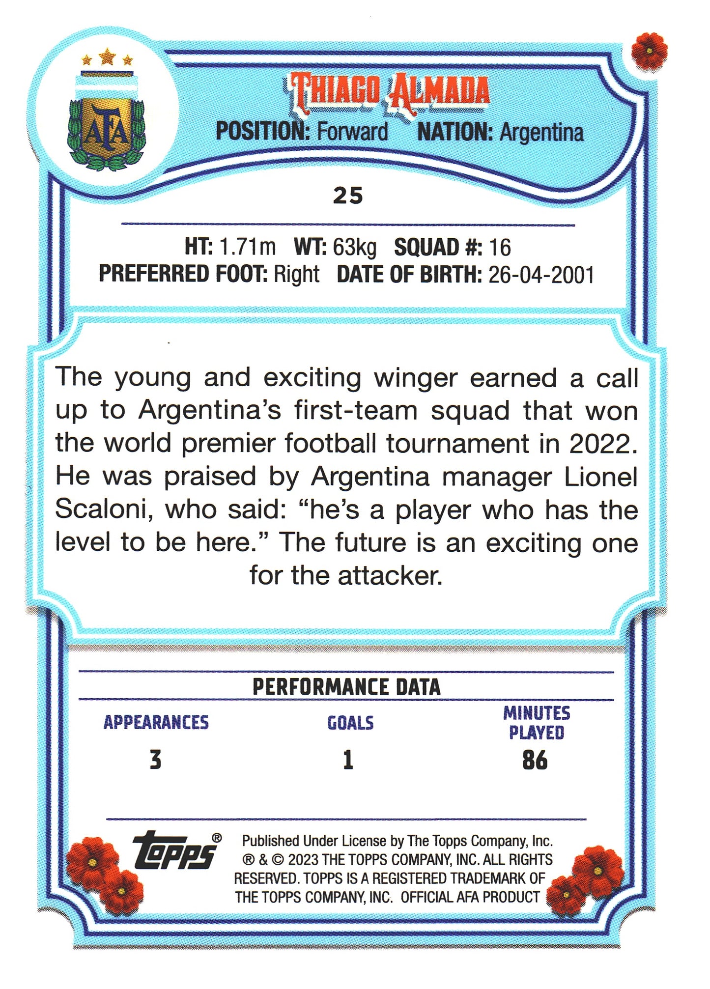 2023 Topps Argentina Fileteado Thiago Almada National debut #25 Argentina