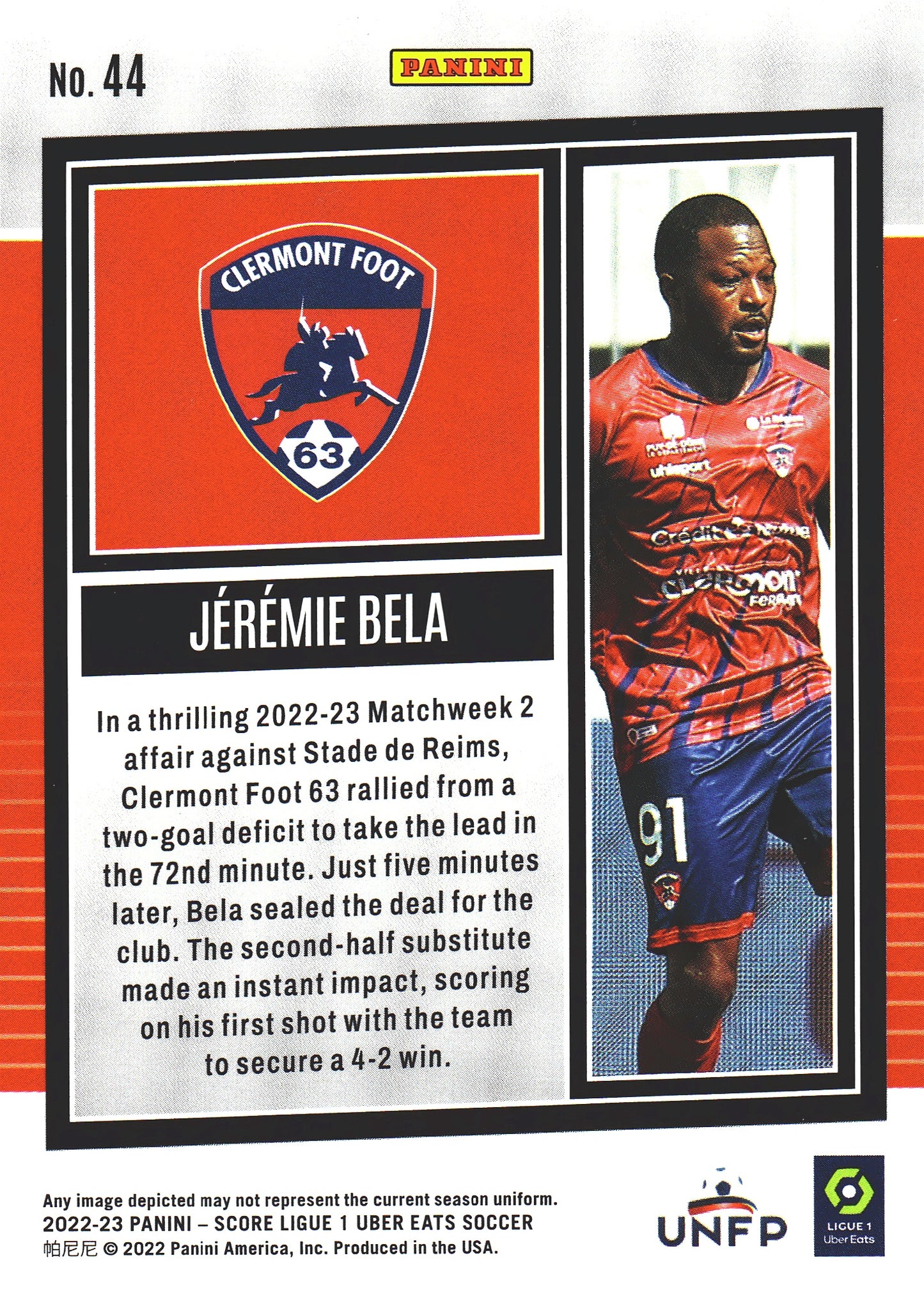 2022 Panini Score Ligue 1 Jeremie Bela RC Red Swirl /65 #44 Clermont Foot