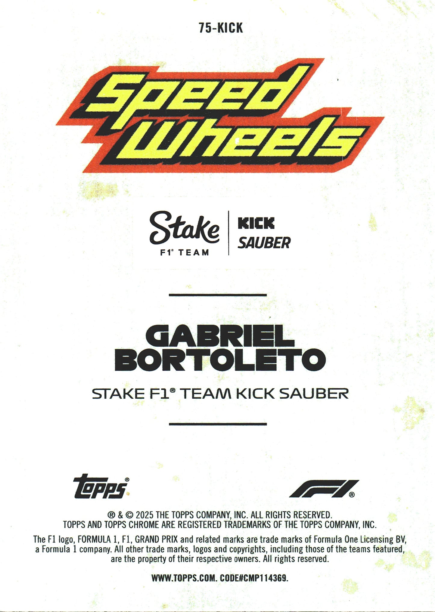 2025 Topps Chrome Formula 1 1975 Speed Wheels Gabriel Bortoleto #75-KICK KICK Sauber