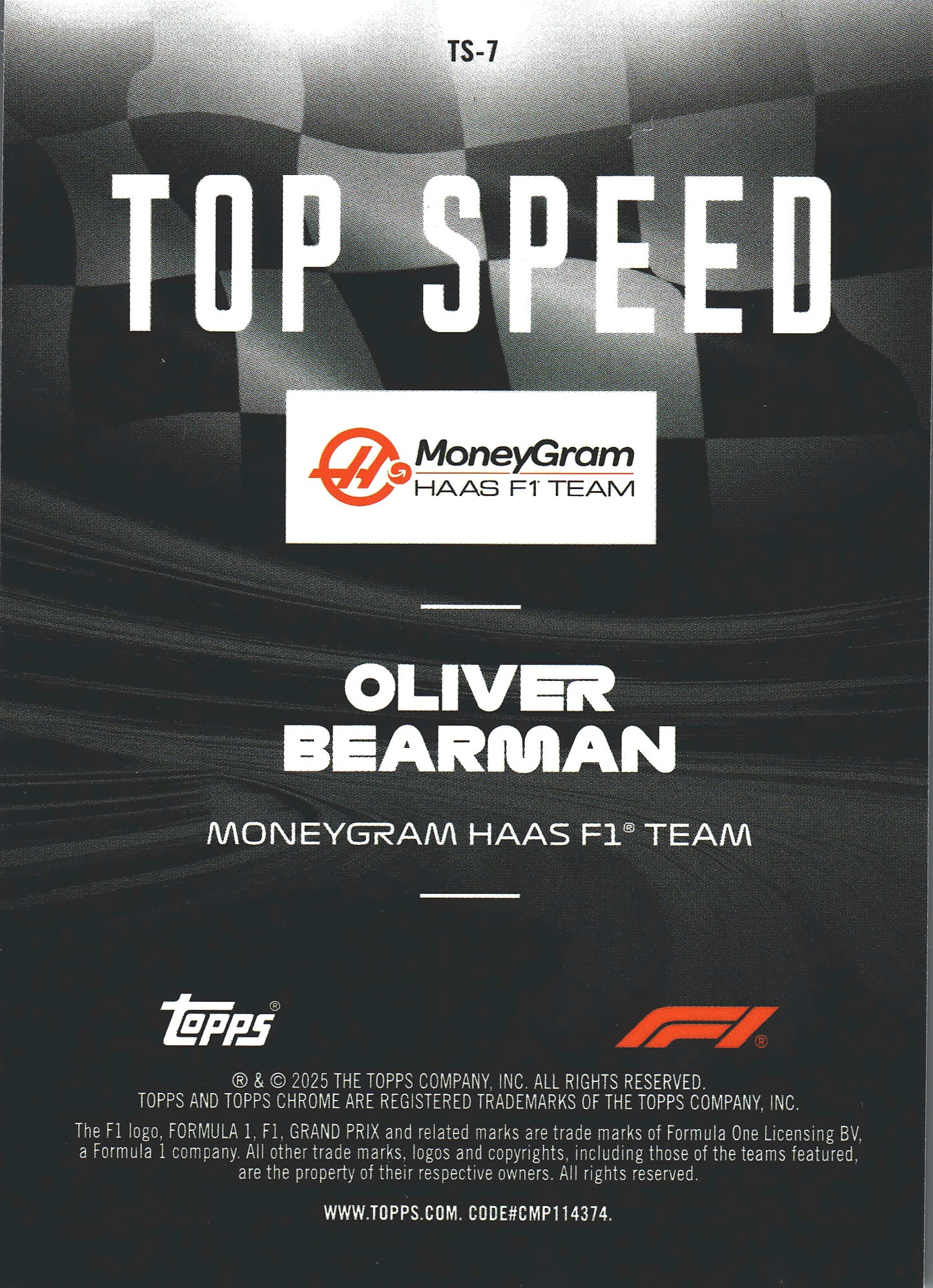 2025 Topps Chrome Formula 1 Top Speed Oliver Bearman #TS-7 Haas