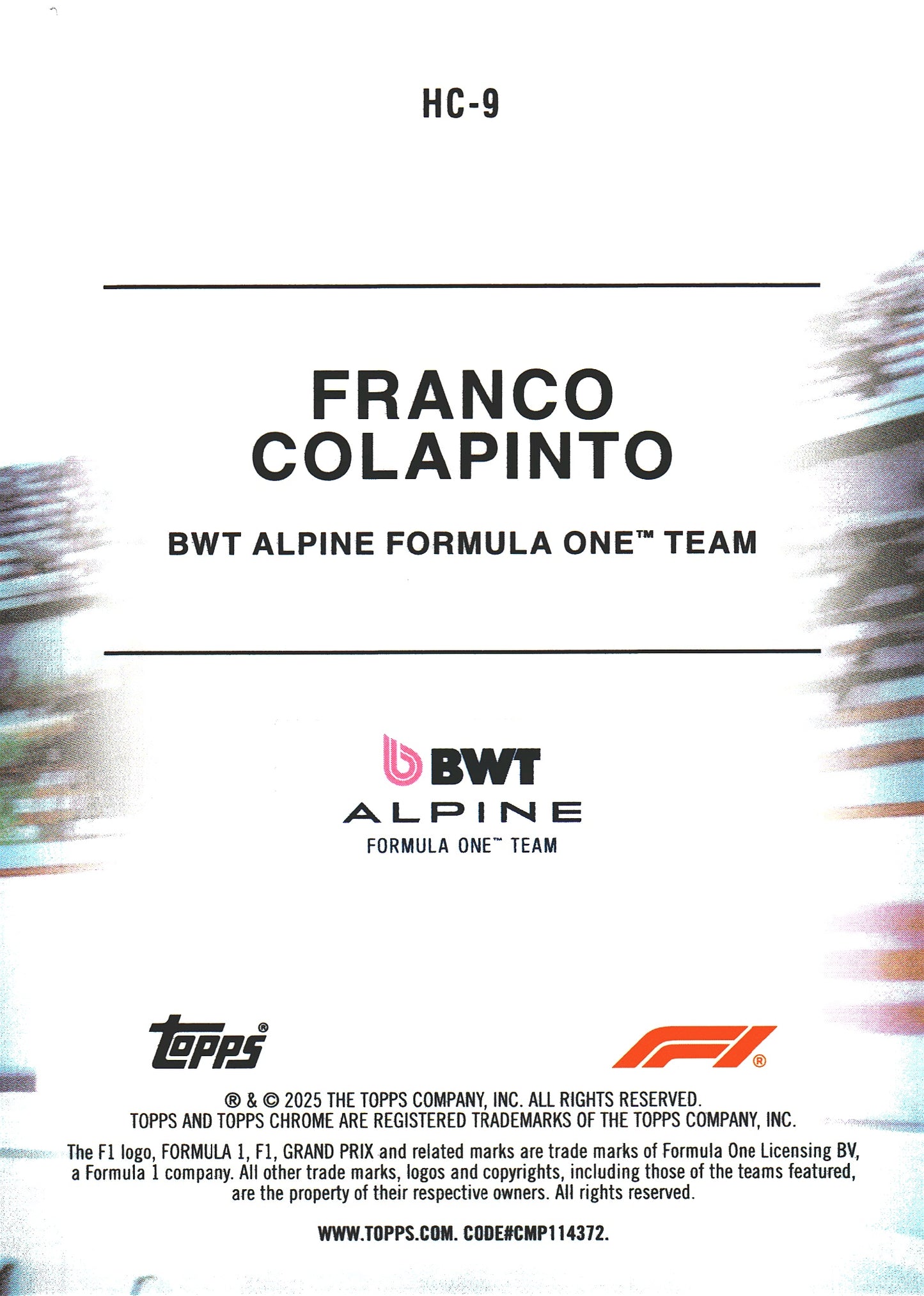 2025 Topps Chrome Formula 1 Helmet Franco Colapinto #HC-9 Alpine