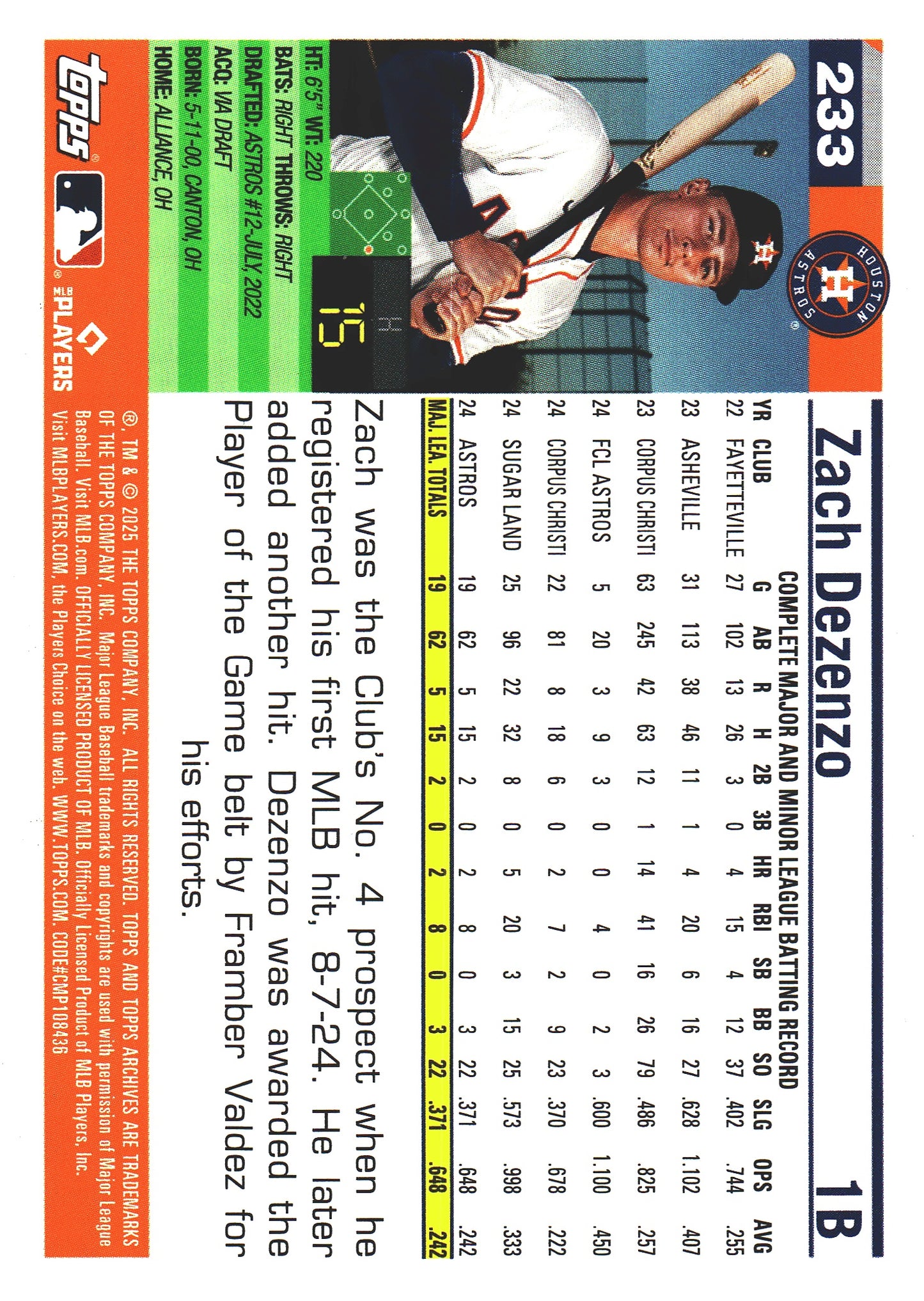 2025 Topps Archives Black Foilboard RC Zach Dezenzo #233 Houston Astros
