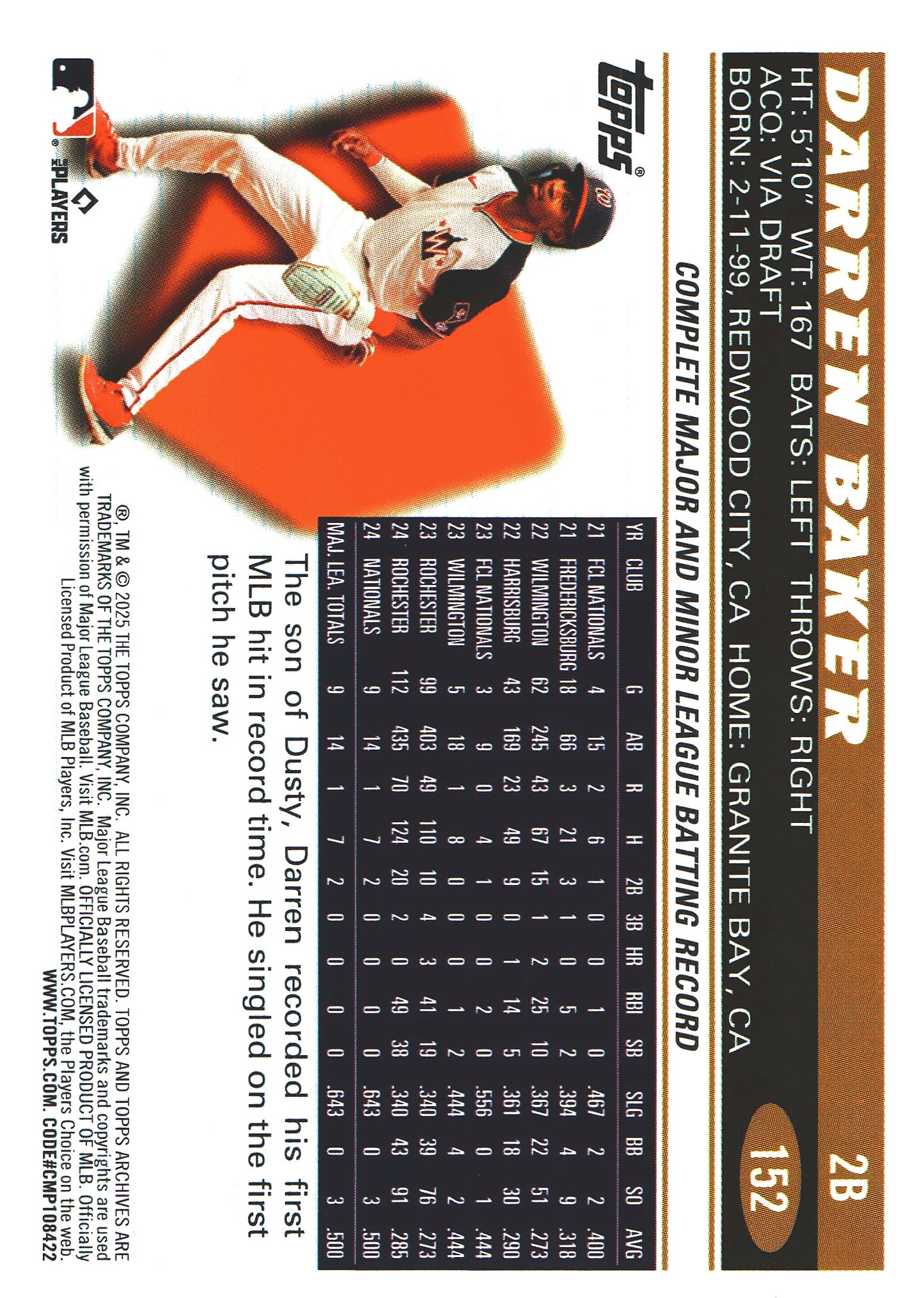 2025 Topps Archives Black Foilboard RC Darren Baker #152 Washington Nationals
