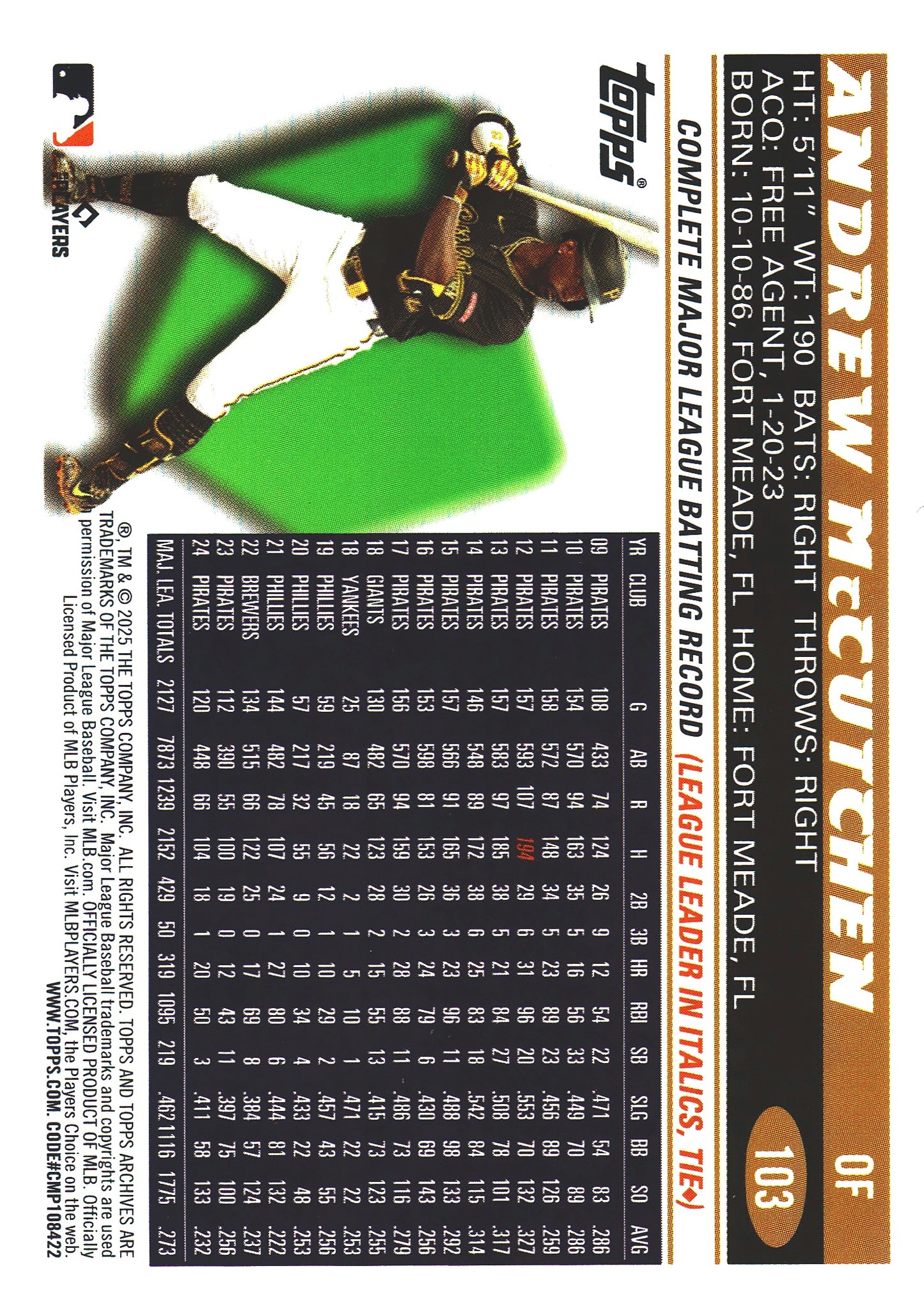 2025 Topps Archives Pink Andrew McCutchen #103 Pittsburgh Pirates