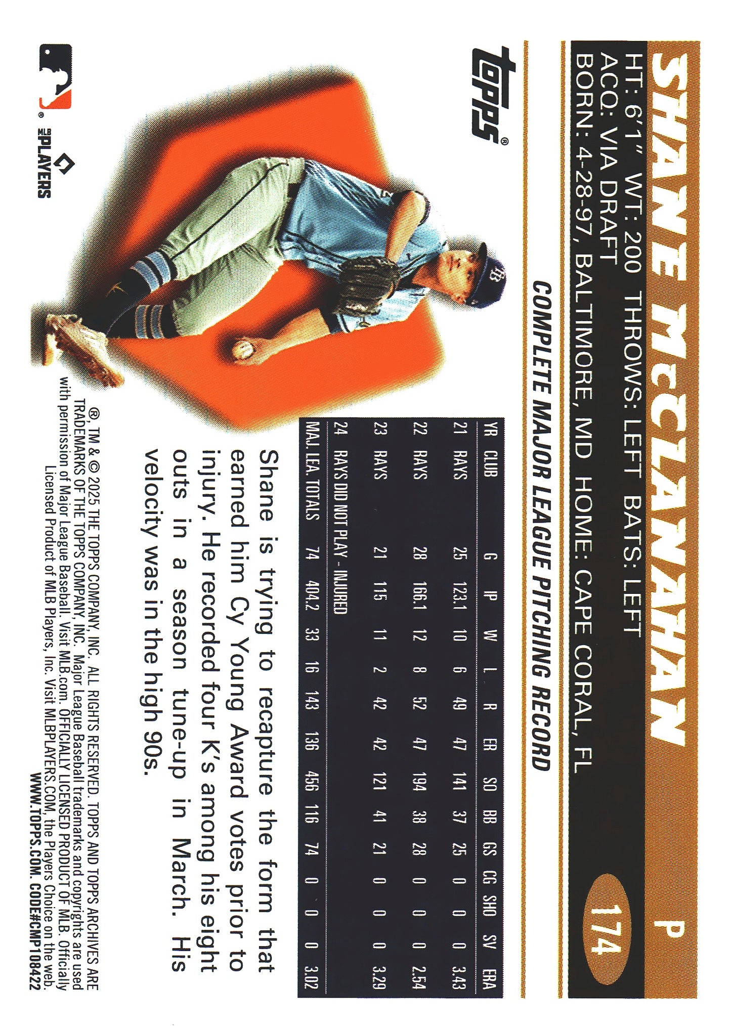 2025 Topps Archives Pink Shane McClanahan #174 Tampa Bay Rays