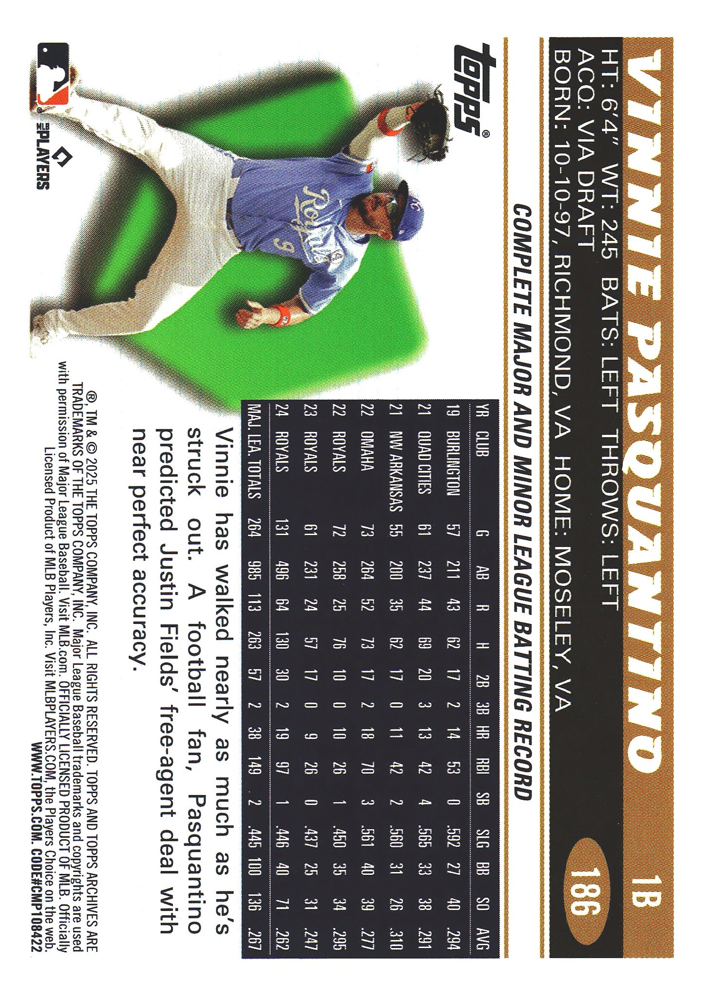 2025 Topps Archives Pink Vinnie Pasquantino #186 Kansas City Royals