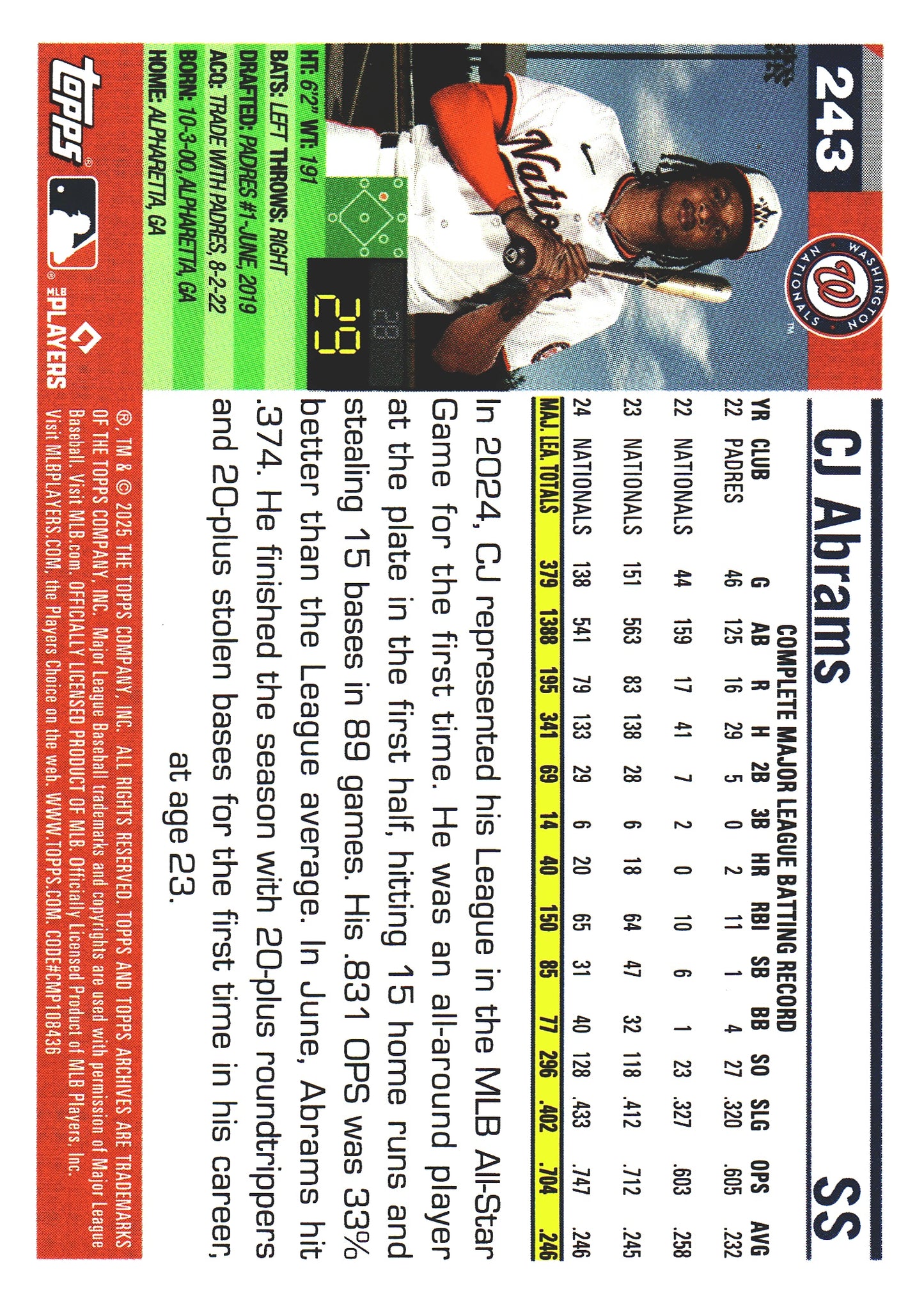 2025 Topps Archives Pink CJ Abrams #243 Washington Nationals