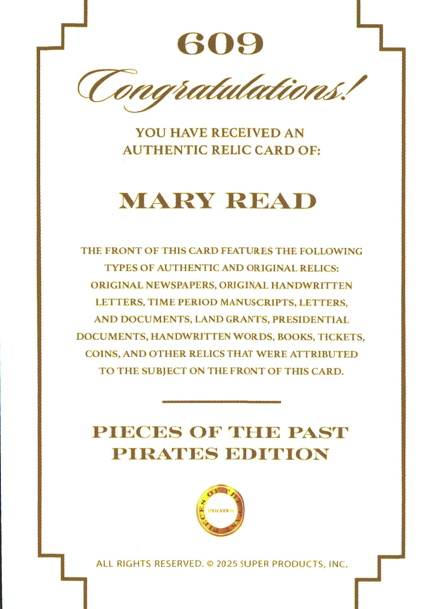 2025 Pieces of the Past Pirates Relic Mary Read #609
