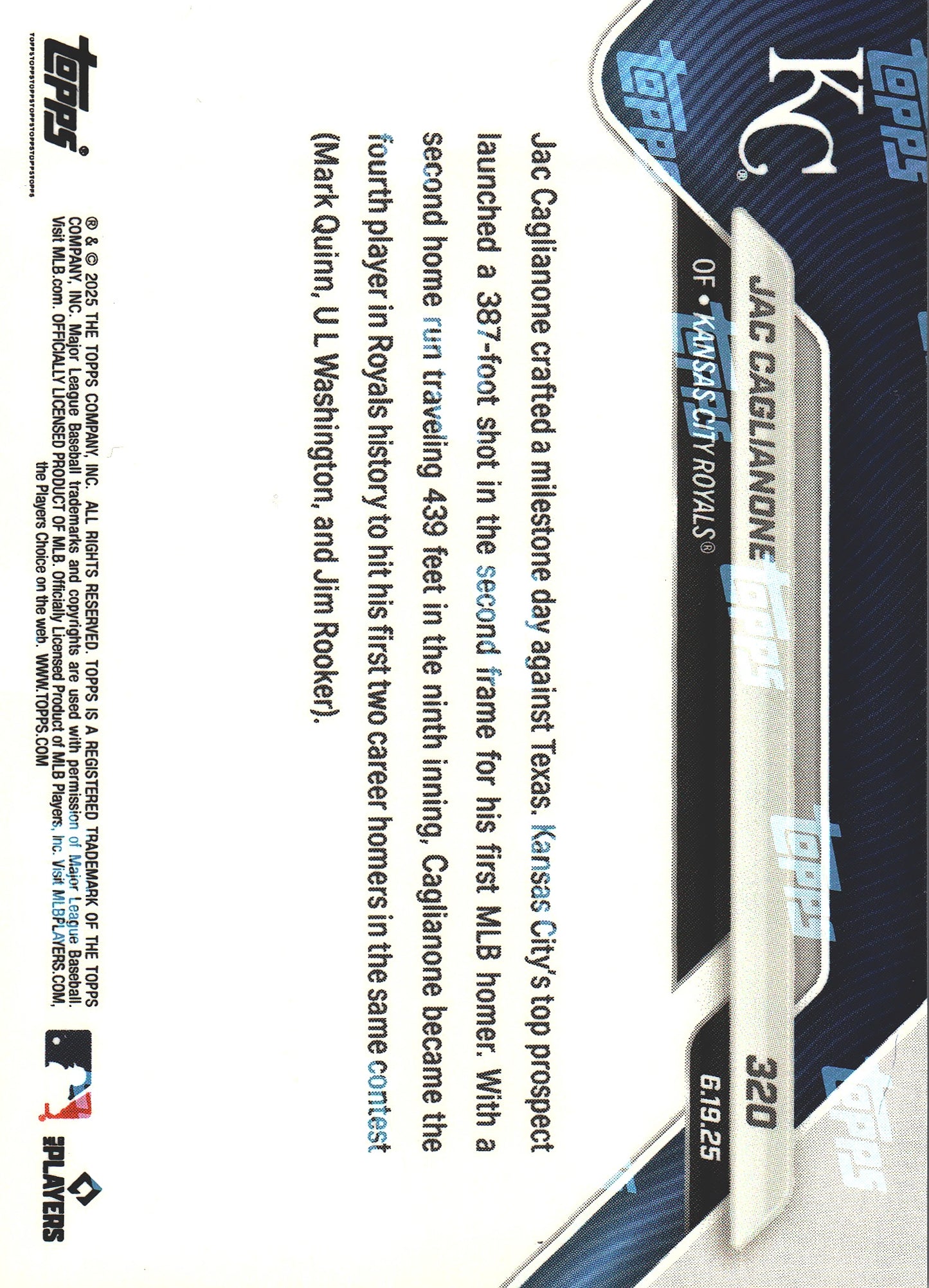 2025 Topps Now Jac Caglianone Call Up RC #320 Kansas City Royals