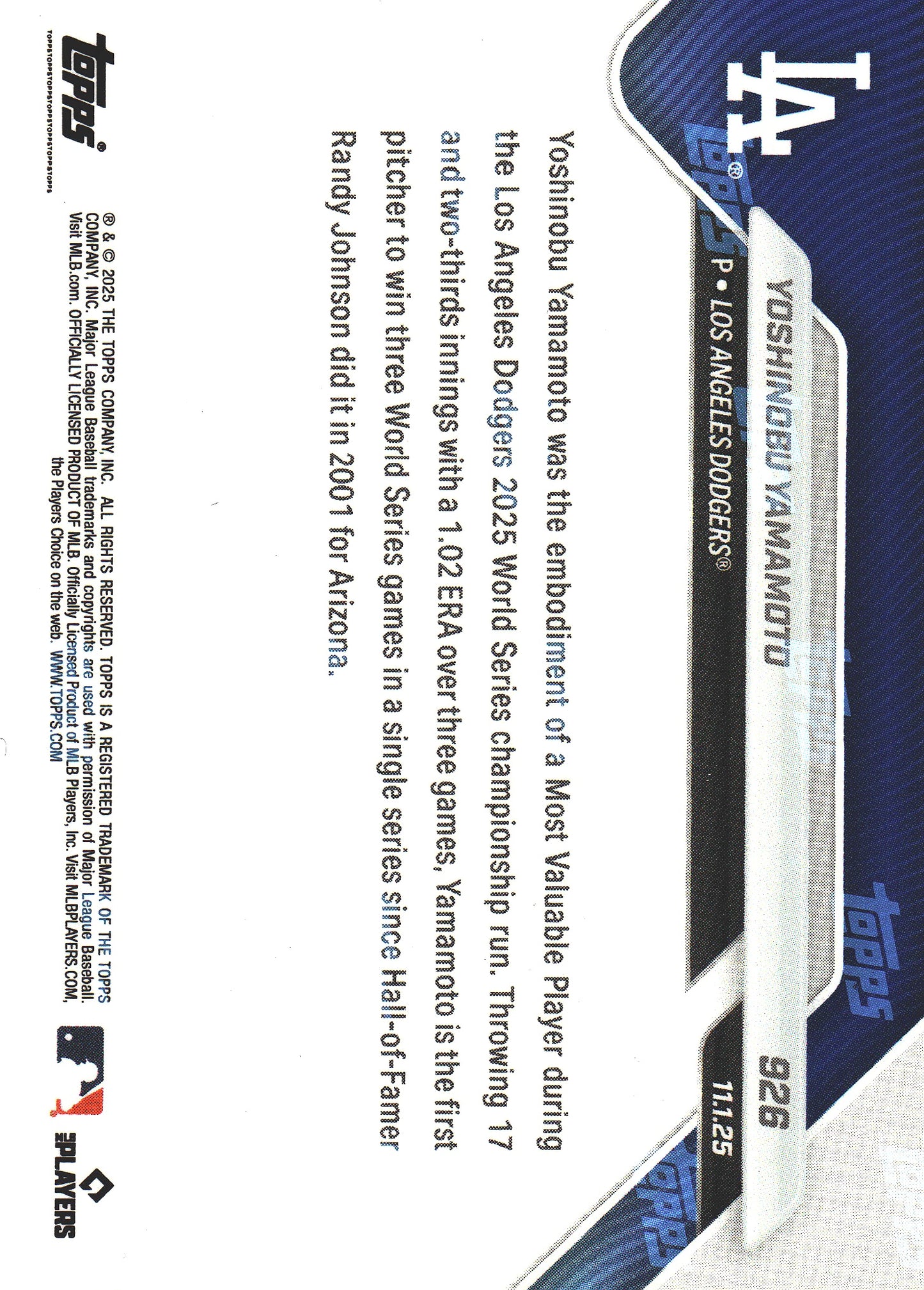 2025 Topps Now Yoshinobu Yamamoto #926 Los Angeles Dodgers