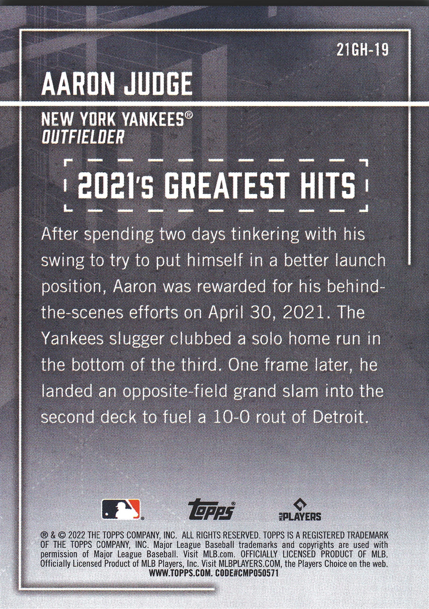 2022 Topps Series 1 2021's Greatest Hits Aaron Judge #21GH-19 New York Yankees