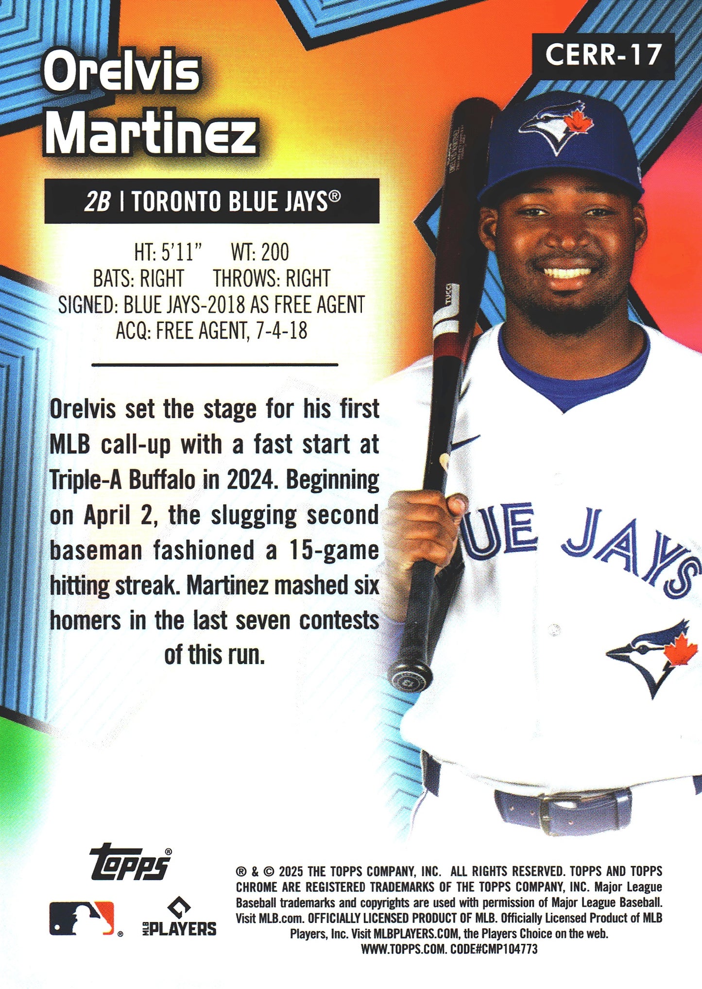 2025 Topps Chrome Chrome All-Etch Rookie Rush Orelvis Martinez #CERR-17 Toronto Blue Jays