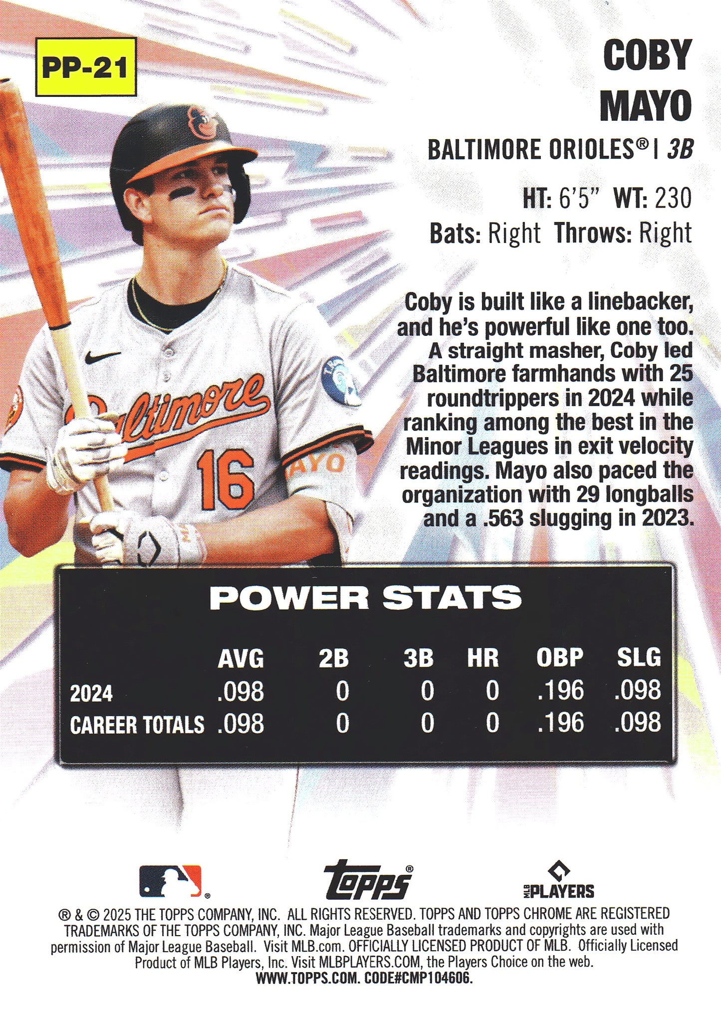 2025 Topps Chrome Power Players Coby Mayo #PP-21 Baltimore Orioles