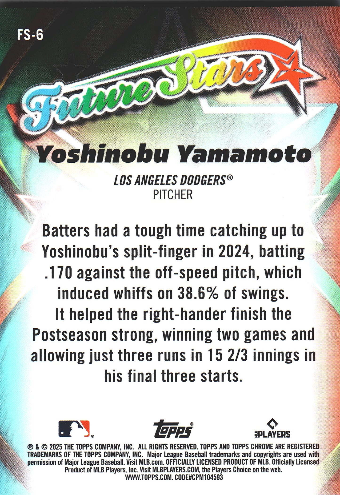 2025 Topps Chrome Future Stars Yoshinobu Yamamoto #FS-6 Los Angeles Dodgers