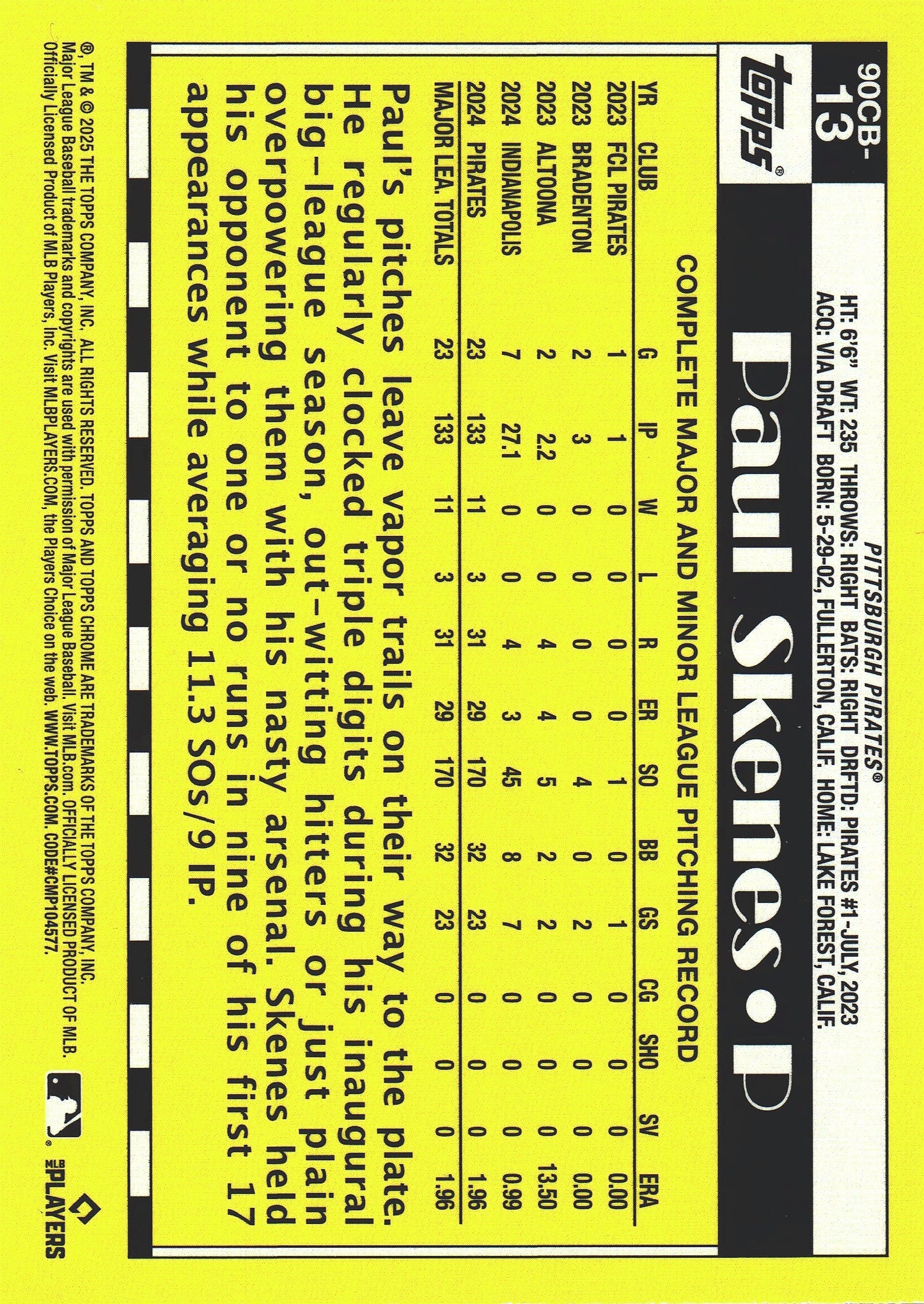 2025 Topps Chrome 1990 Baseball 35th Anniversary Paul Skenes #90CB-13 Pittsburgh Pirates