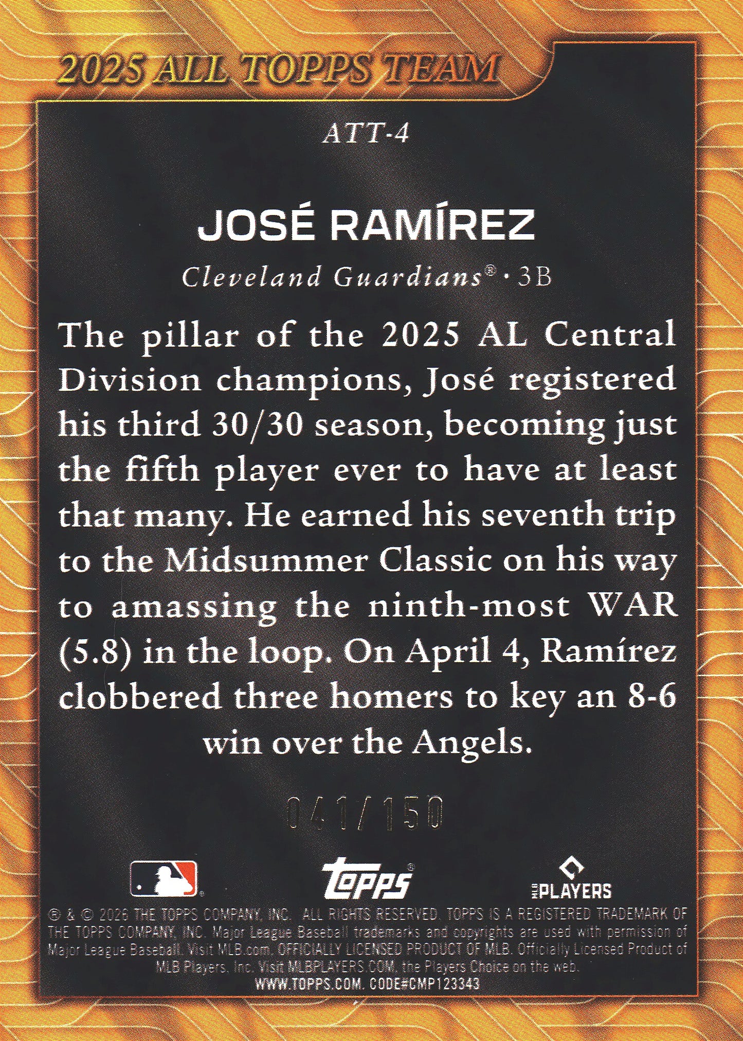 2026 Topps Series 1 2025 All Topps Team Blue Foil Jose Ramirez /150 #ATT-4 Cleveland Guardians