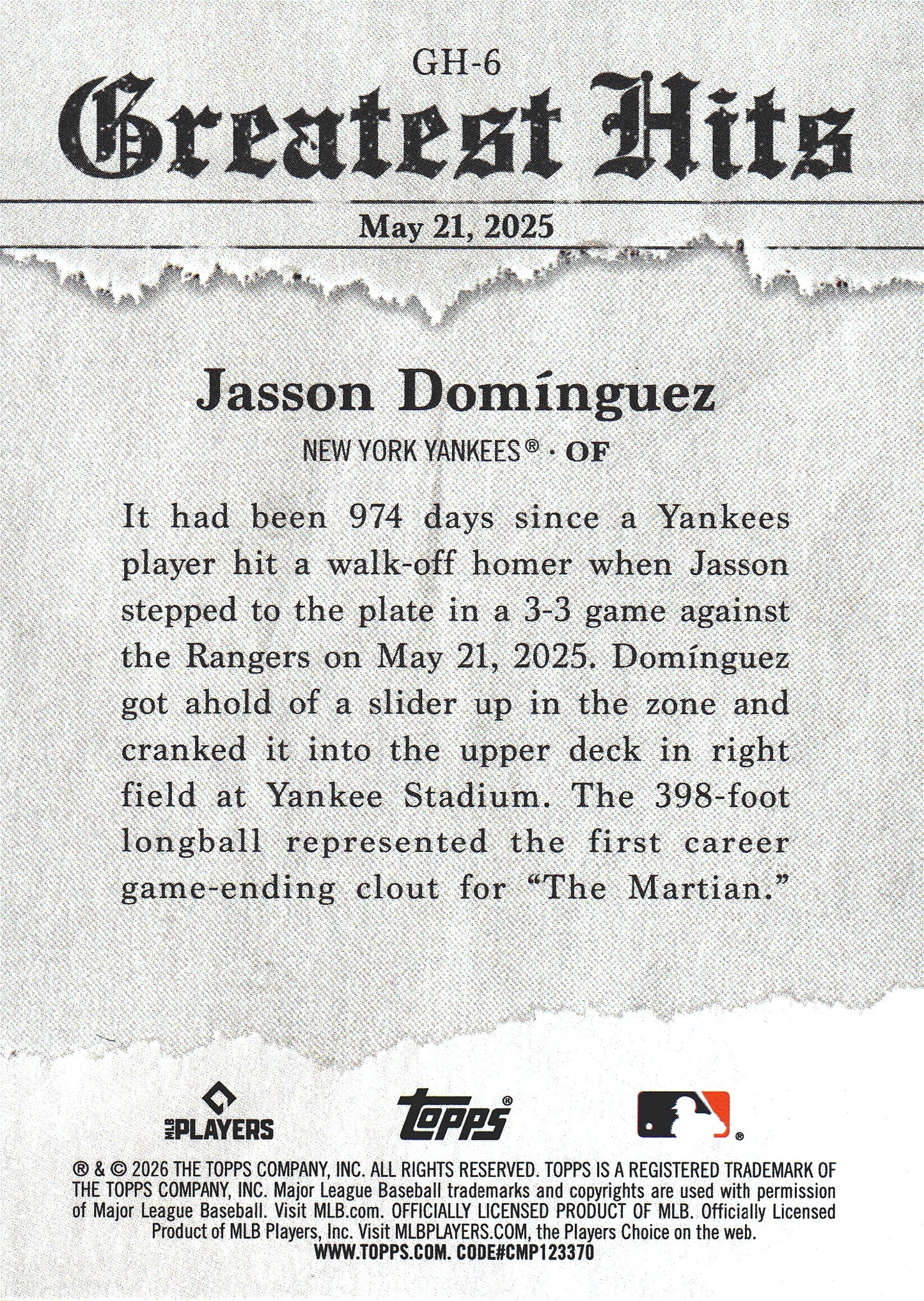 2026 Topps Series 1 2025 Greatest Hits Blue Foil Jasson Dominguez /150 #GH-6 New York Yankees