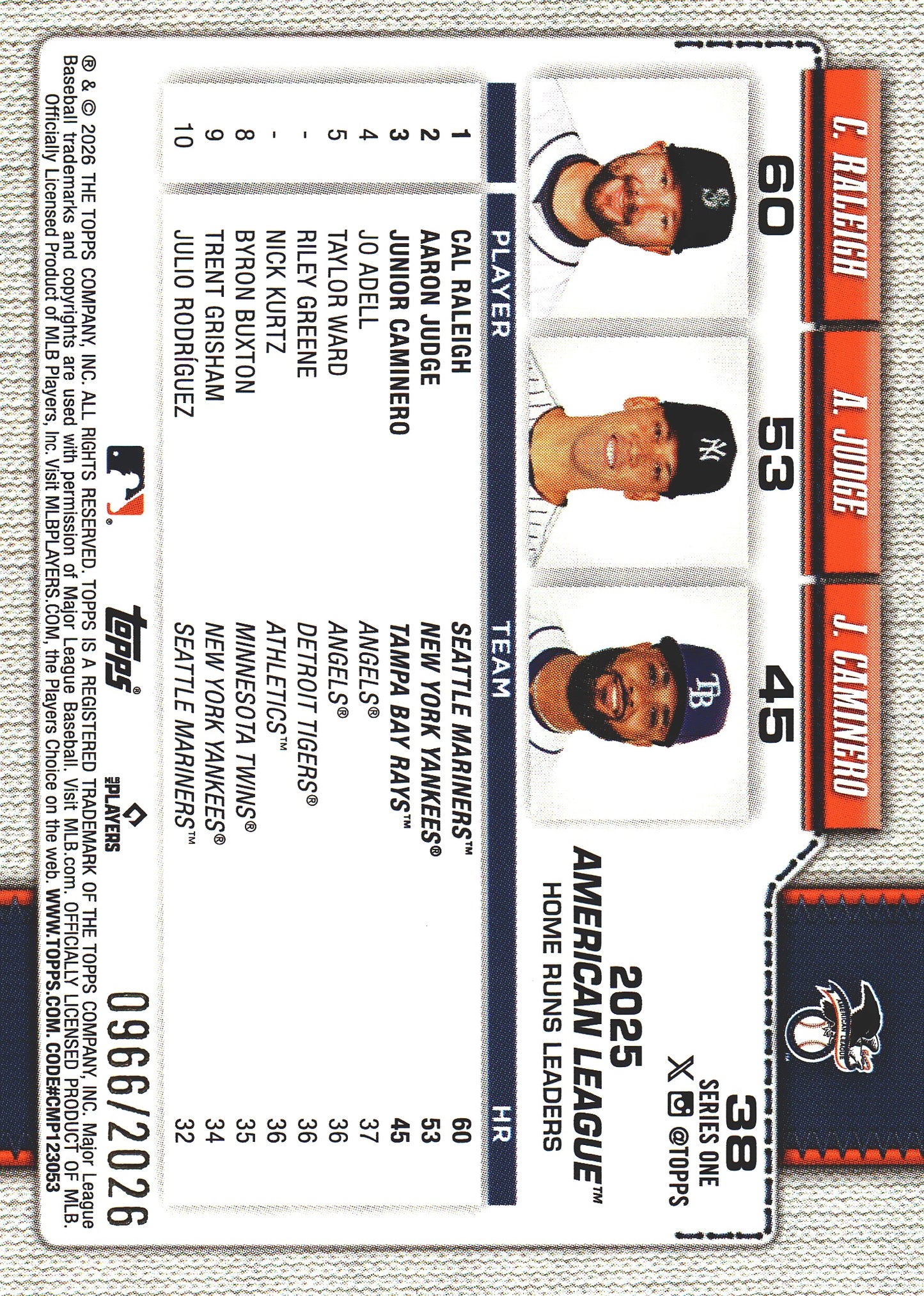 2026 Topps Series 1 American League Leaders Gold /2026 (Judge / Caminero / Raleigh) #38