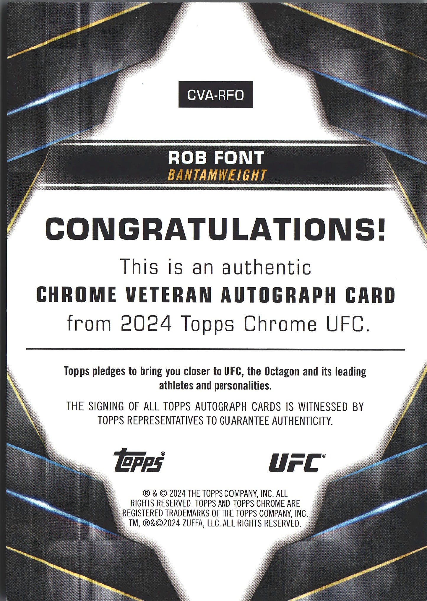 2024 Topps Chrome UFC Veteran Autograph Rob Font #CVA-RFO