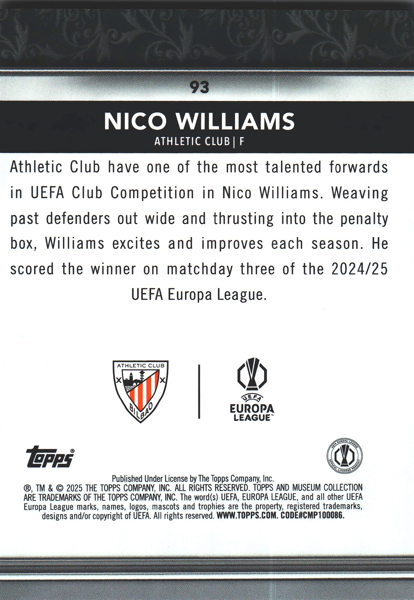 2024 Topps Museum UCC Nico Williams #93 Athletic Bilbao