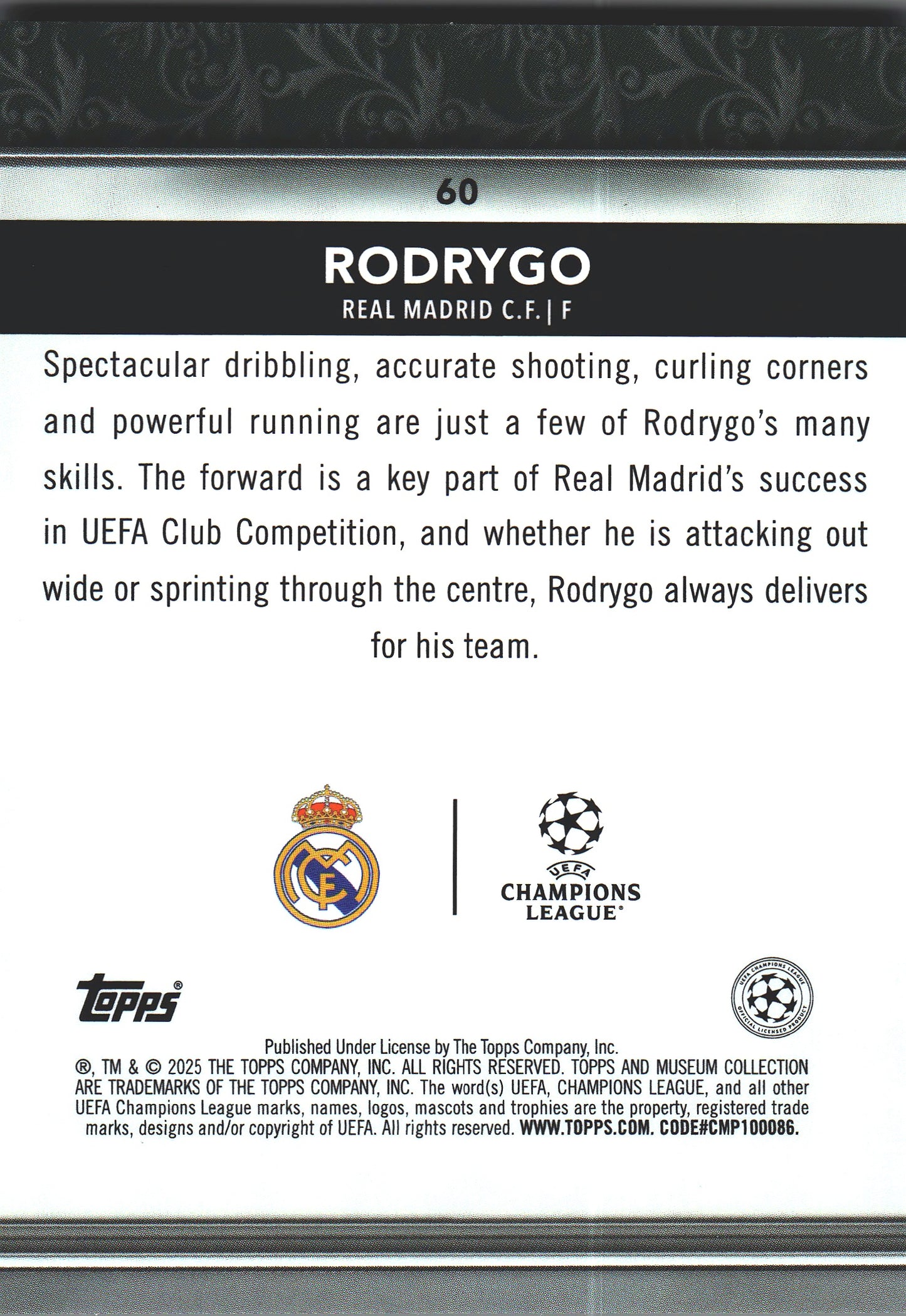 2024 Topps Museum UCC Rodrygo Sapphire /75 #60 Real Madrid CF