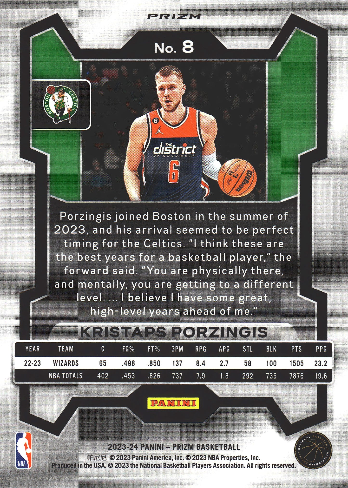 2023 Panini Prizm Kristaps Porzingis Silver #8 Boston Celtics