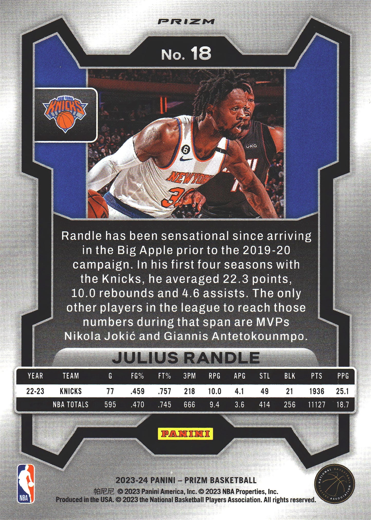 2023 Panini Prizm Julius Randle Silver #18 New York Knicks
