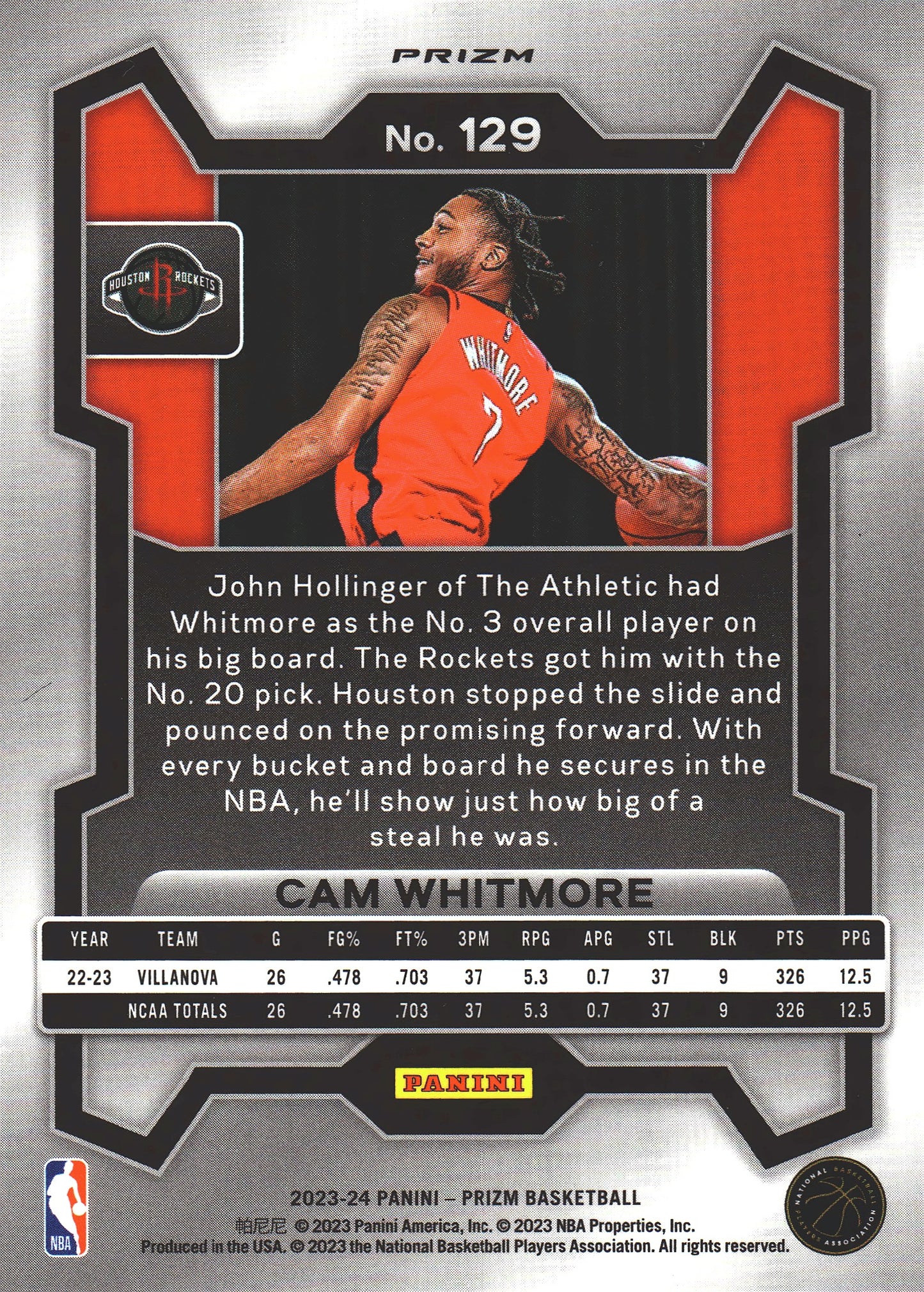 2023 Panini Prizm Cam Whitmore RC Silver #129 Houston Rockets