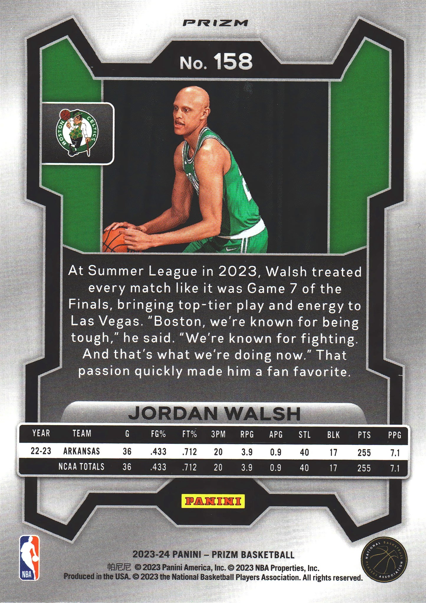 2023 Panini Prizm Jordan Walsh RC Silver #158 Boston Celtics