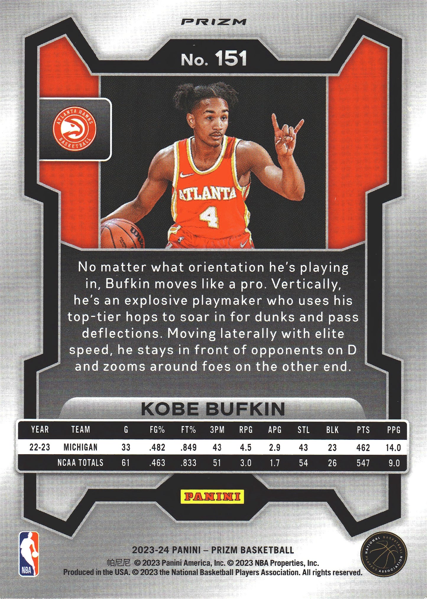2023 Panini Prizm Kobe Bufkin RC Pink Ice #151 Atlanta Hawks