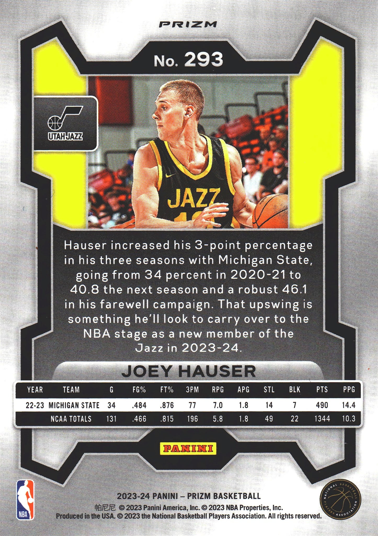 2023 Panini Prizm Joey Hauser RC Green Silver #293 Utah Jazz
