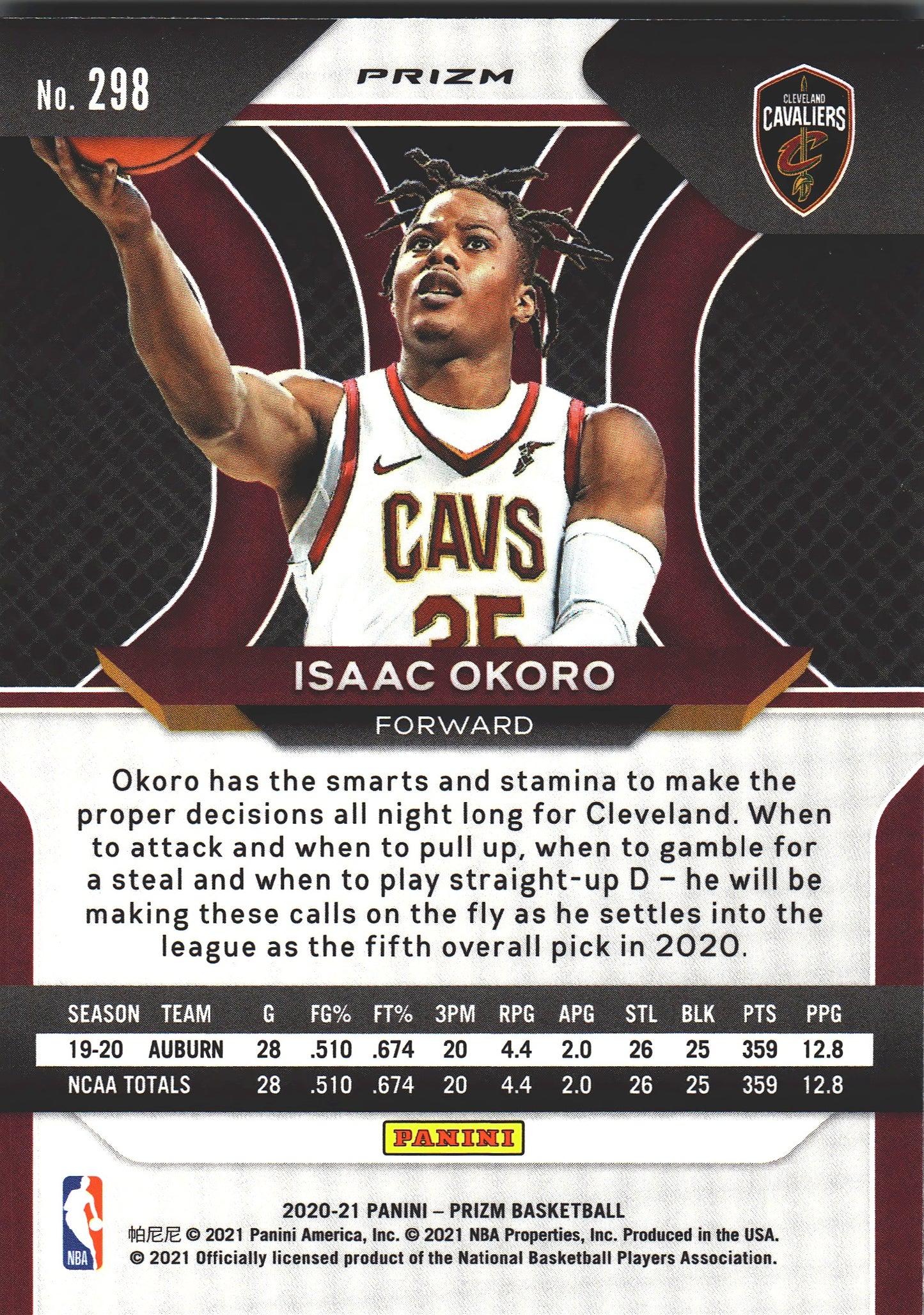 2020 Panini Prizm Isaac Okoro RC Silver #298 Cleveland Cavaliers