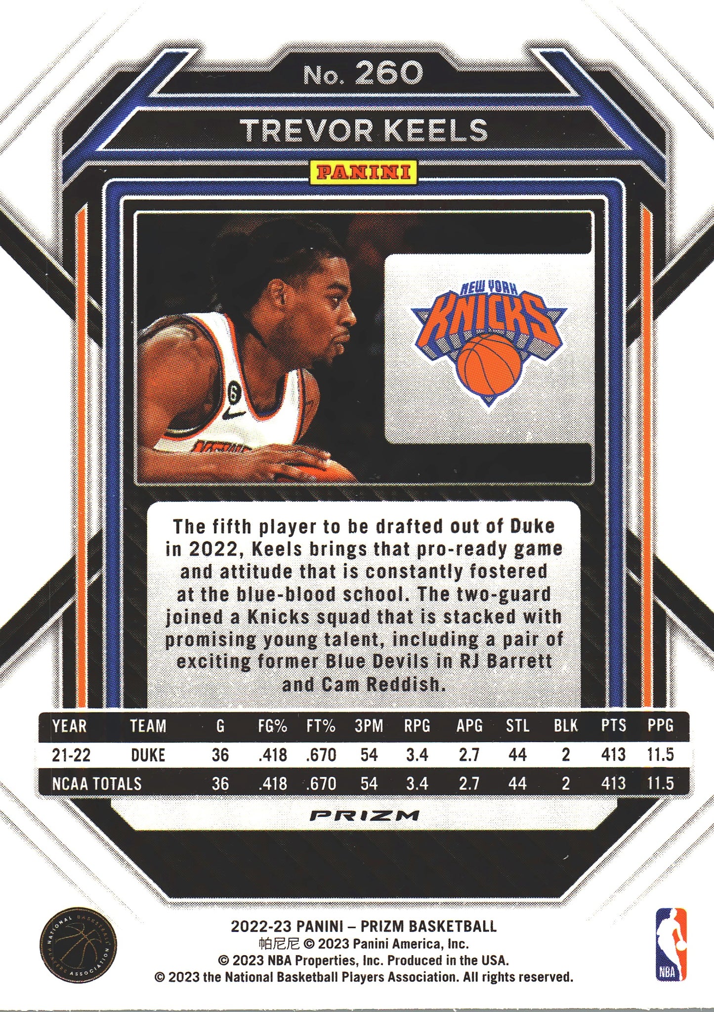 2022 Panini Prizm Trevor Keels RC Green #260 New York Knicks