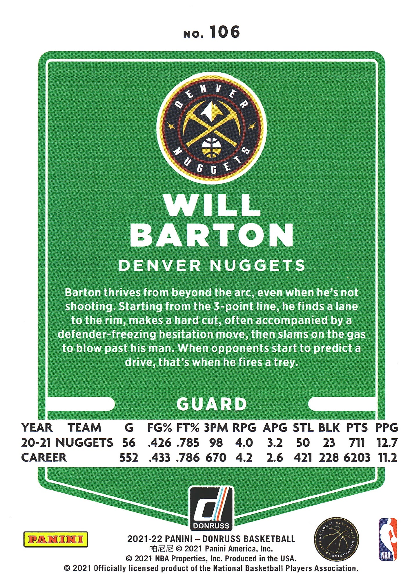 2021 Panini Donruss Will Barton #106 Denver Nuggets