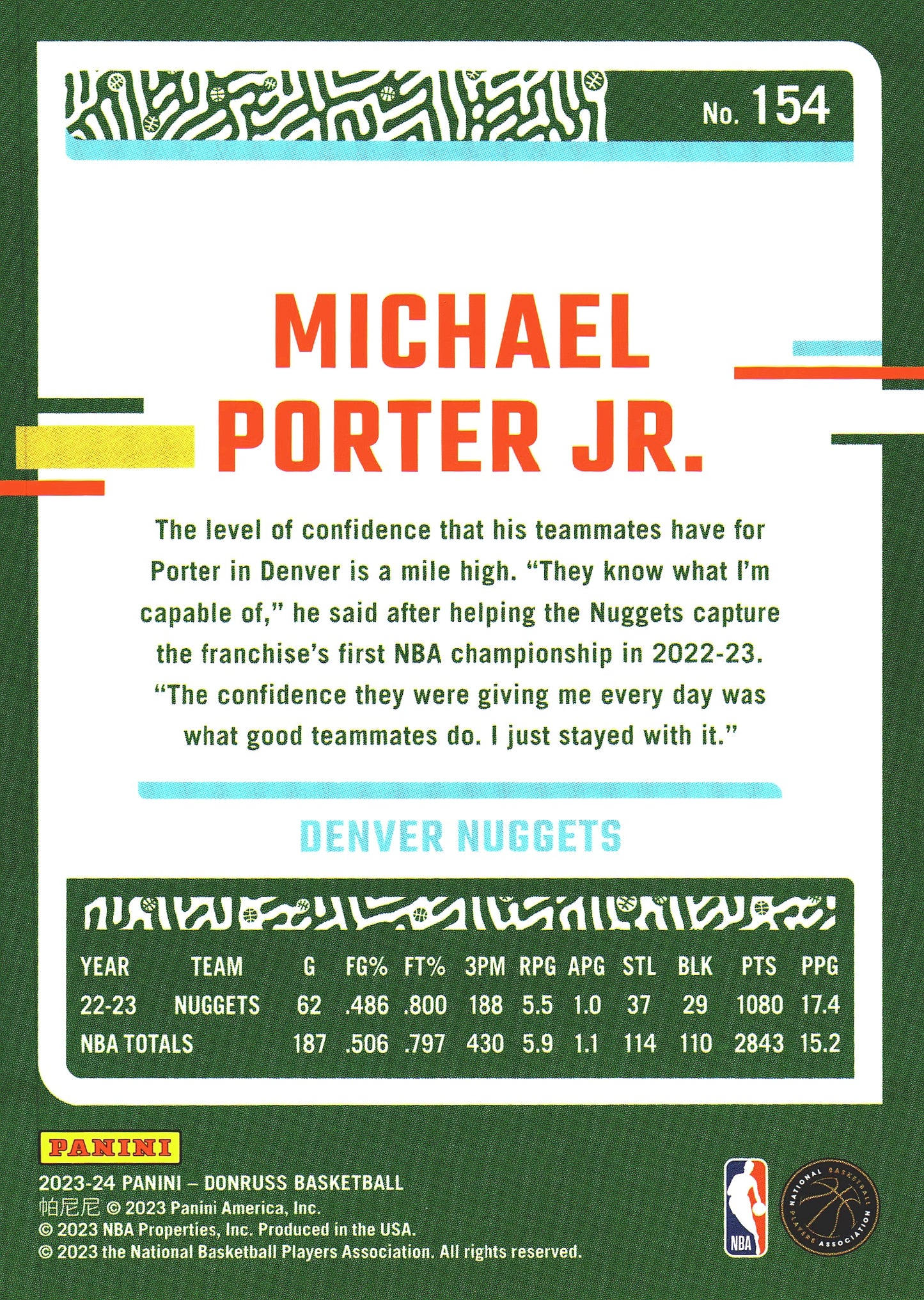2023 Panini Donruss Michael Porter Jr. #154 Denver Nuggets