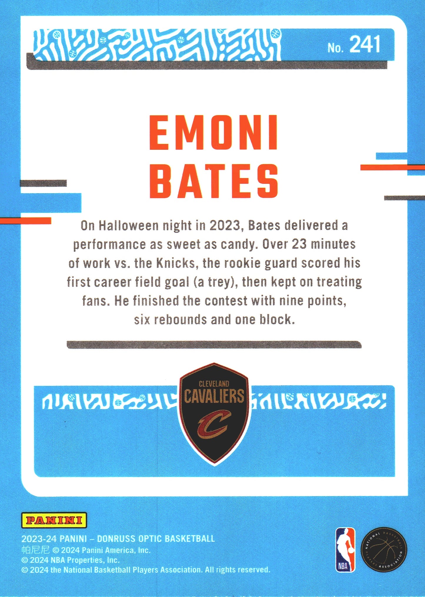 2023 Panini Donruss Optic Emoni Bates Rated Rookie RC #241 Cleveland Cavaliers